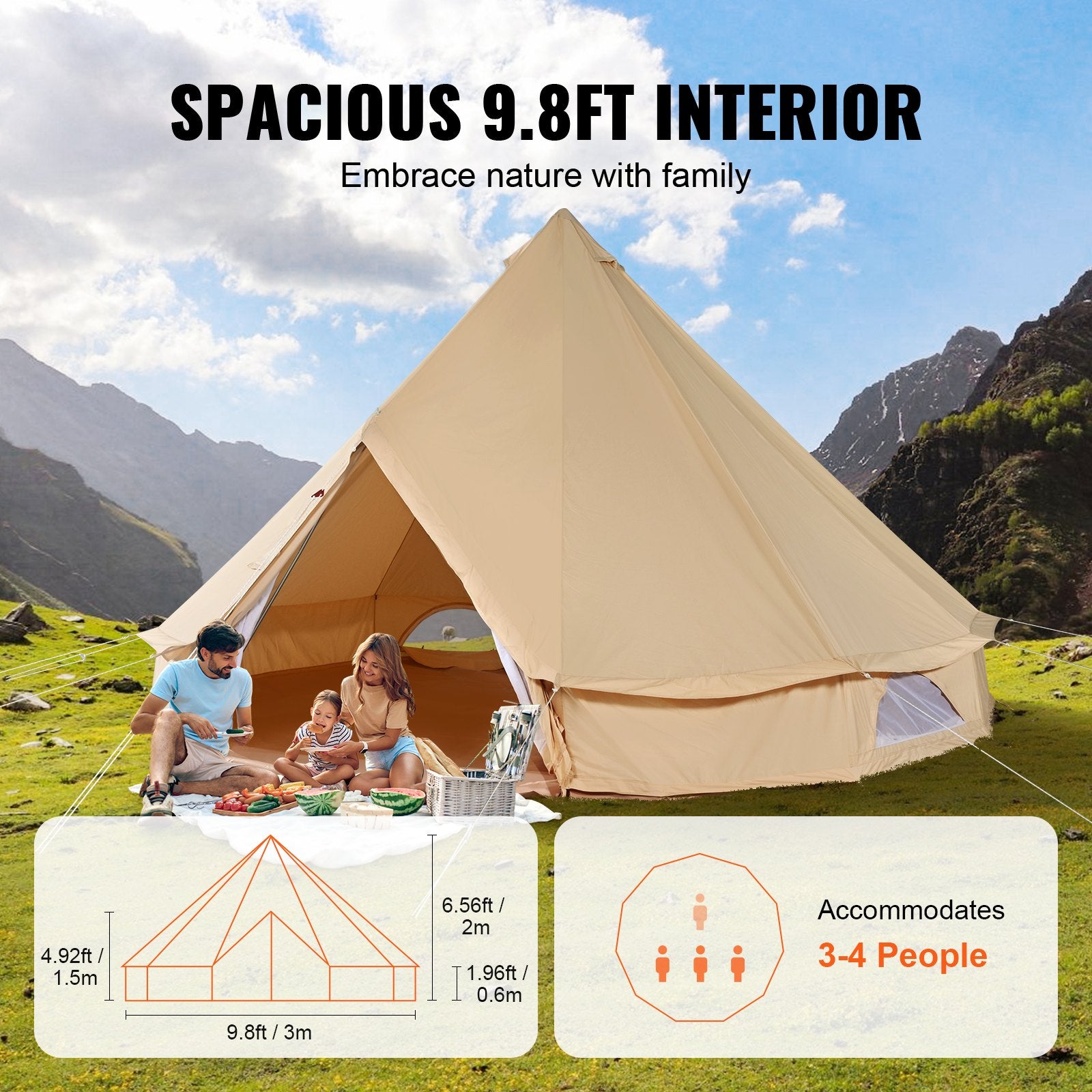 Canvas Bell Tent 3m/9.8ft 4-Season Canvas Tent for Camping with Stove Jack - Image 4