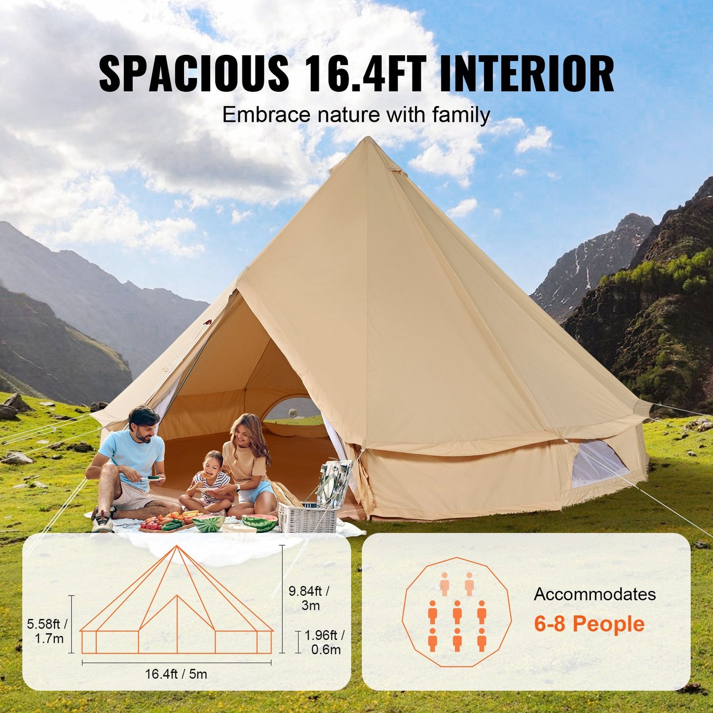 Canvas Bell Tent 5m/16.4ft 4-Season Camping Yurt Tent with Stove Jack - Image 4