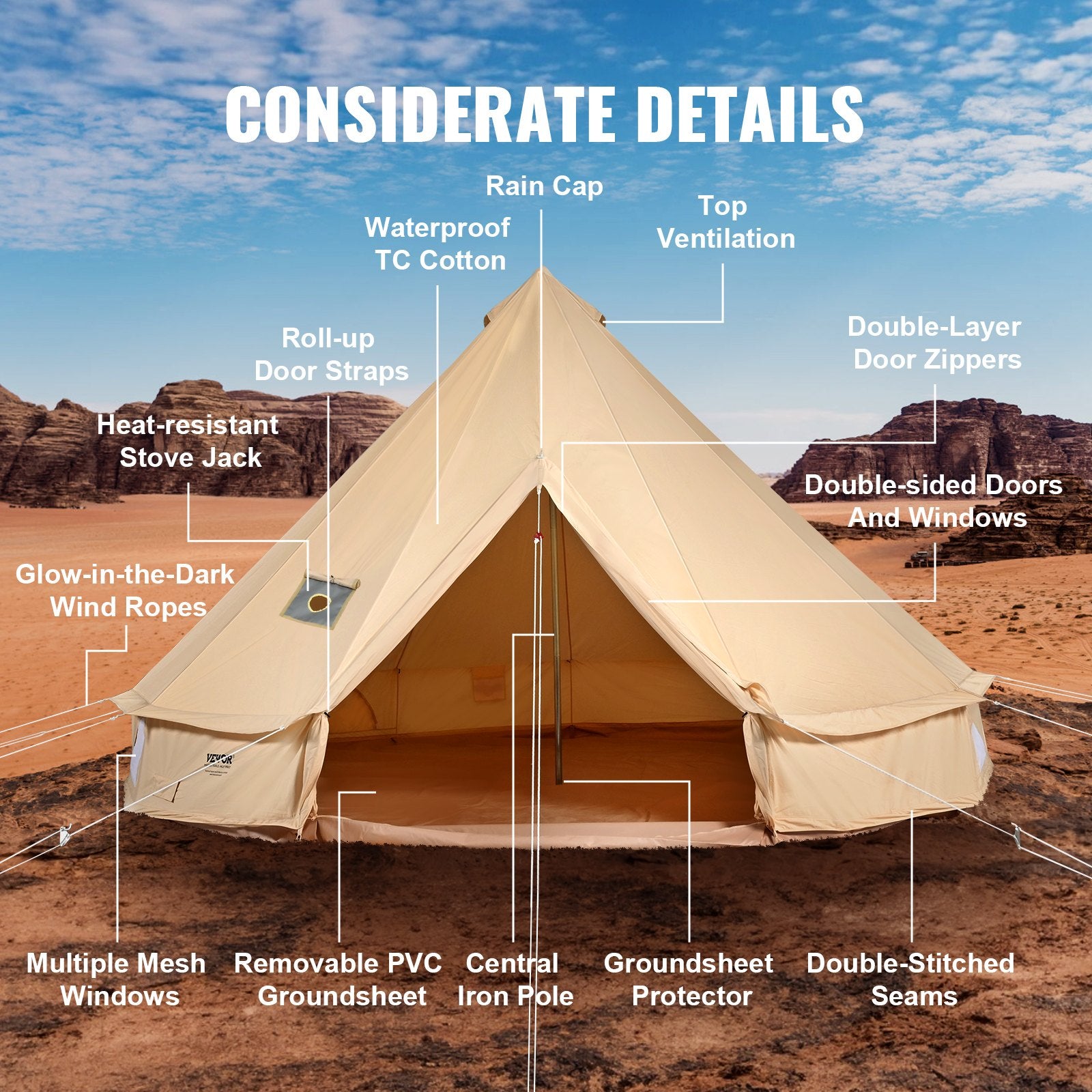 Canvas Bell Tent 5m/16.4ft 4-Season Camping Yurt Tent with Stove Jack - Image 7