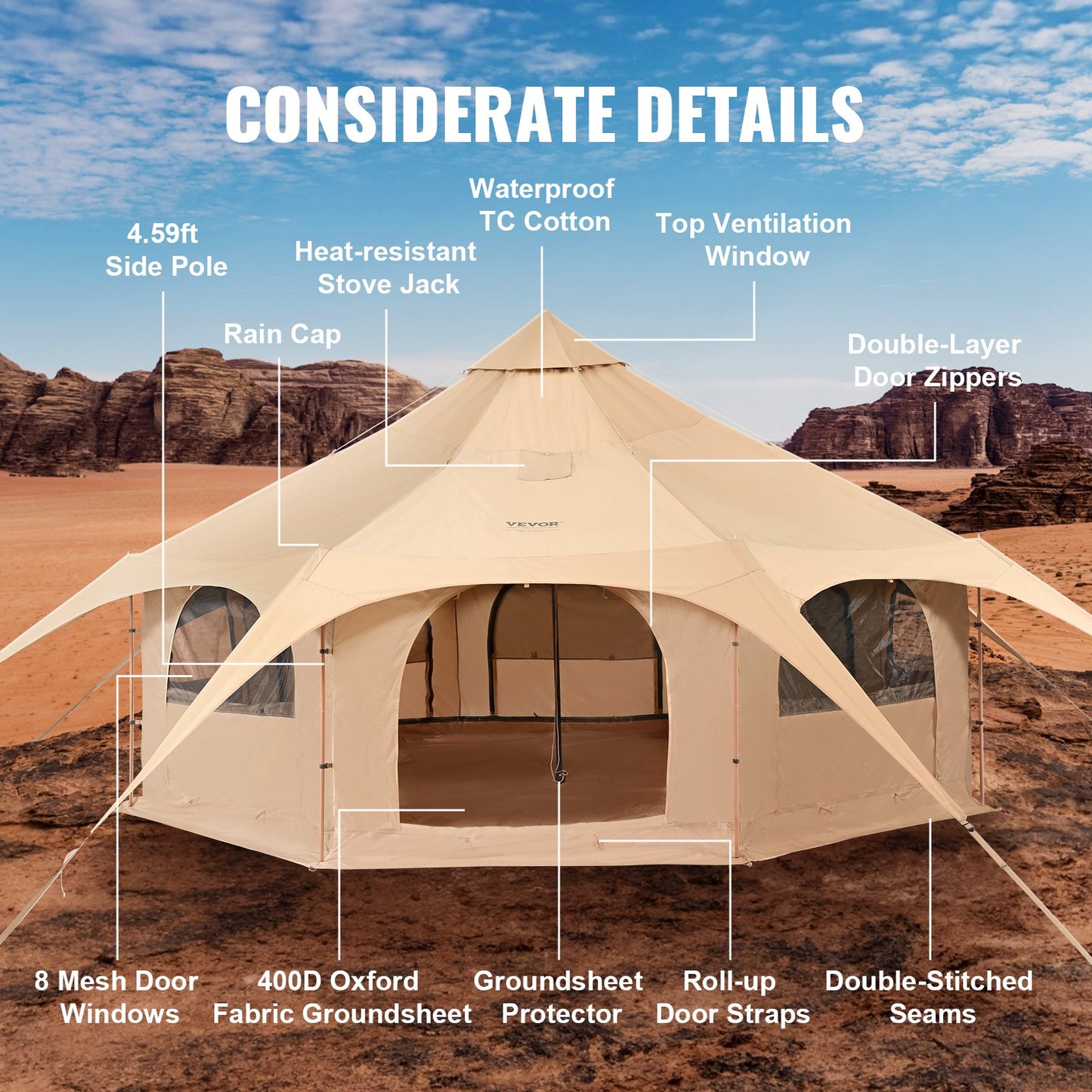 Canvas Tent 4 Seasons 5 m/16.4 ft Bell Tent for Camping with Stove Jack - Image 7