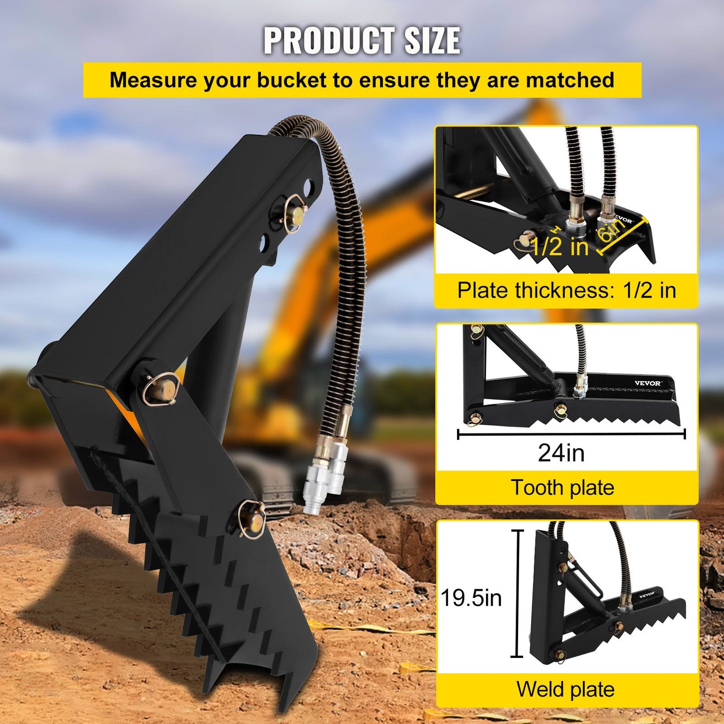 61cm Hydraulic Backhoe Excavator Thumb Attachments Weld On 1.27cm Teeth Thick Steel Plate Assembly 12MM Bolt-On Design with Hydraulic Cylinder - Image 3