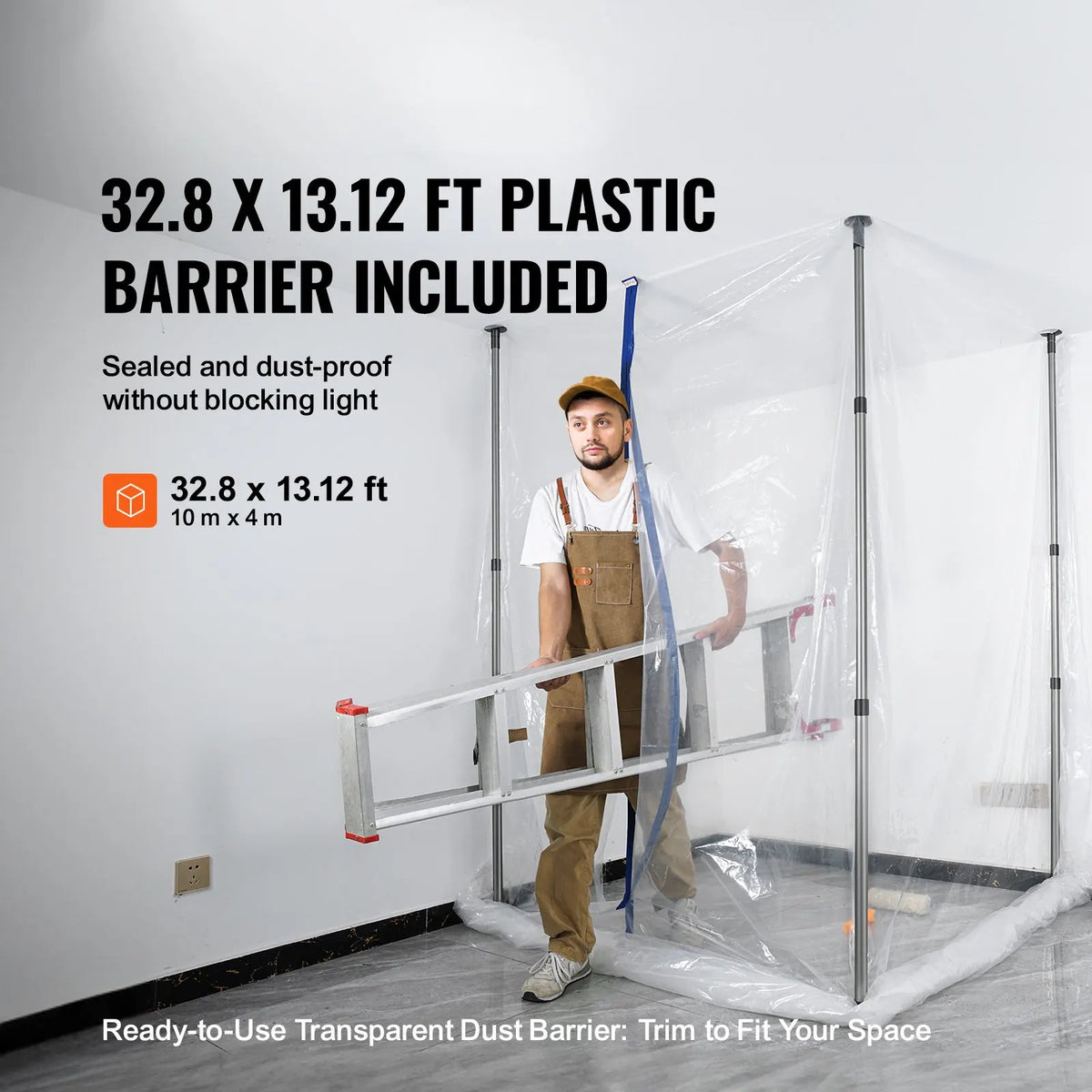 Dust Barrier Poles, 12 Ft Barrier Poles, Dust Barrier System with 4 Telescoping Poles, Magnetic Zipper, Carry Bag and 32.8x13.12 Ft Plastic Film, for Interior Decoration, Painting - Image 2