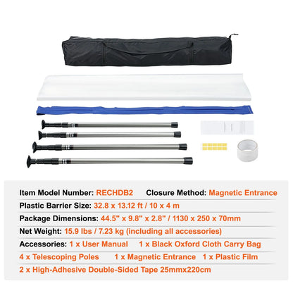 Dust Barrier Poles, 12 Ft Barrier Poles, Dust Barrier System with 4 Telescoping Poles, Magnetic Zipper, Carry Bag and 32.8x13.12 Ft Plastic Film, for Interior Decoration, Painting - Image 7