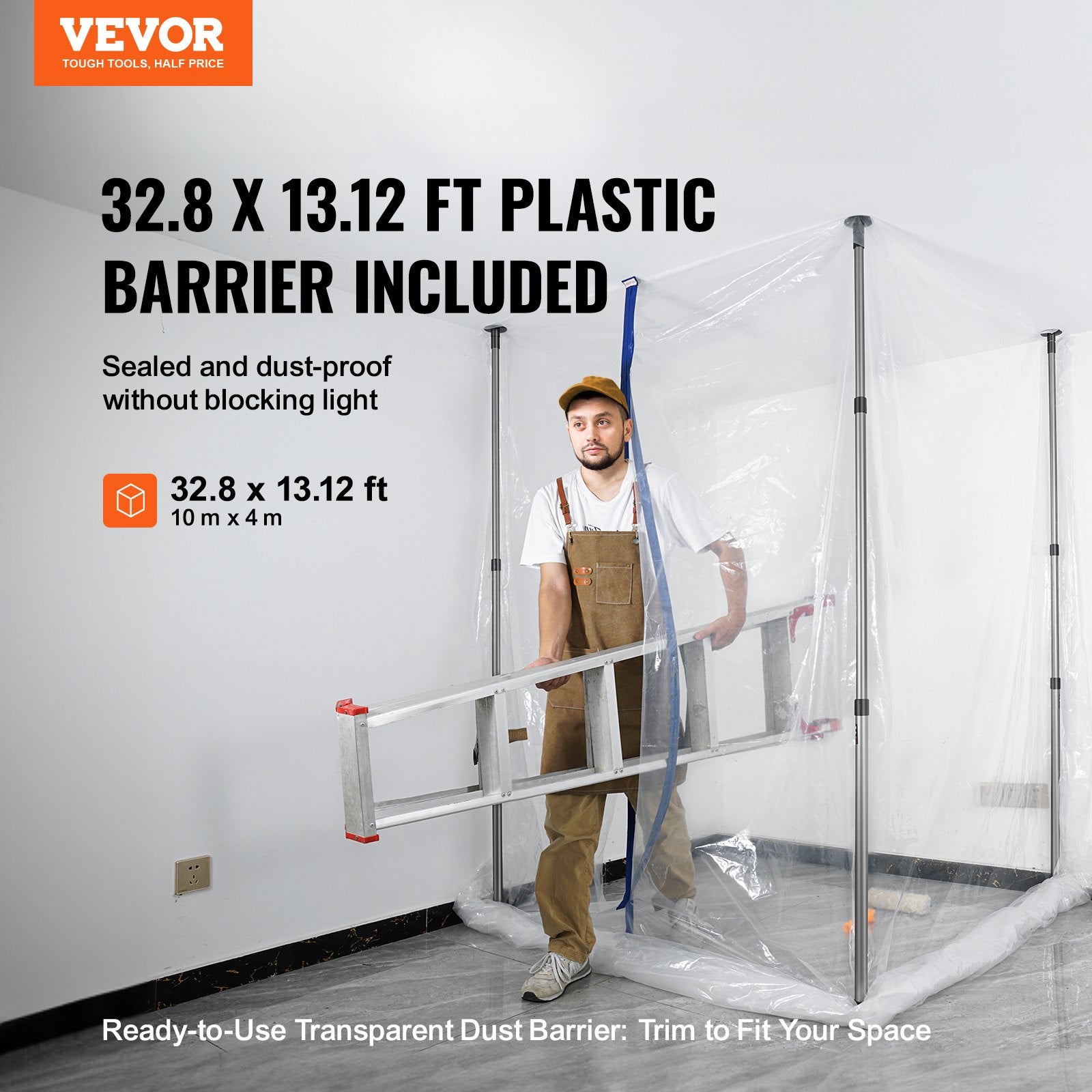 Dust Barrier Poles, 12 Ft Barrier Poles, Dust Barrier System with 4 Telescoping Poles, Magnetic Zipper, Carry Bag and 32.8x13.12 Ft Plastic Film, for Interior Decoration, Painting - Image 2