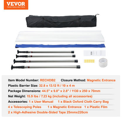 Dust Barrier Poles, 12 Ft Barrier Poles, Dust Barrier System with 4 Telescoping Poles, Magnetic Zipper, Carry Bag and 32.8x13.12 Ft Plastic Film, for Interior Decoration, Painting - Image 7