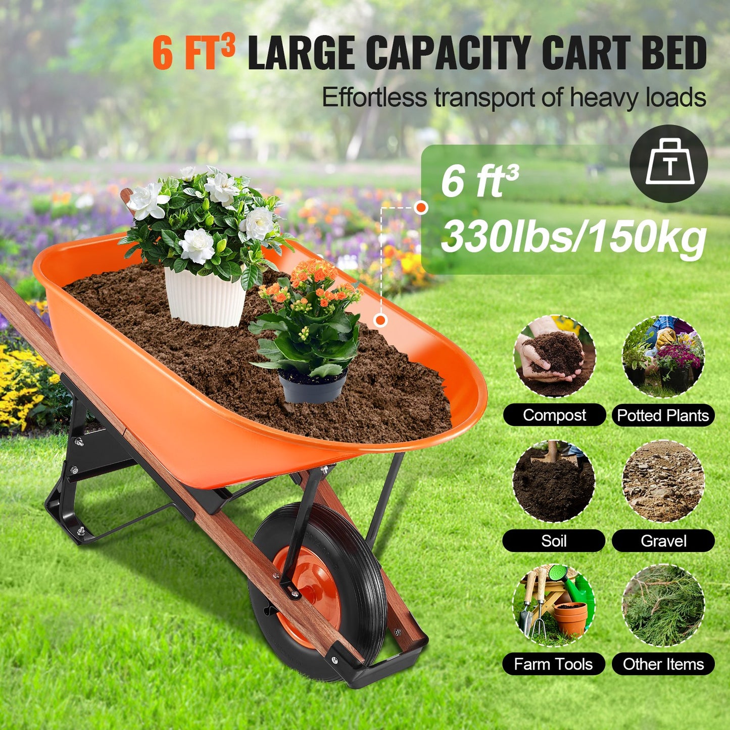 Wheelbarrow Cart One Wheel 6 Cu Ft Garden Dump Cart 330 lbs Utility Cart - Image 4