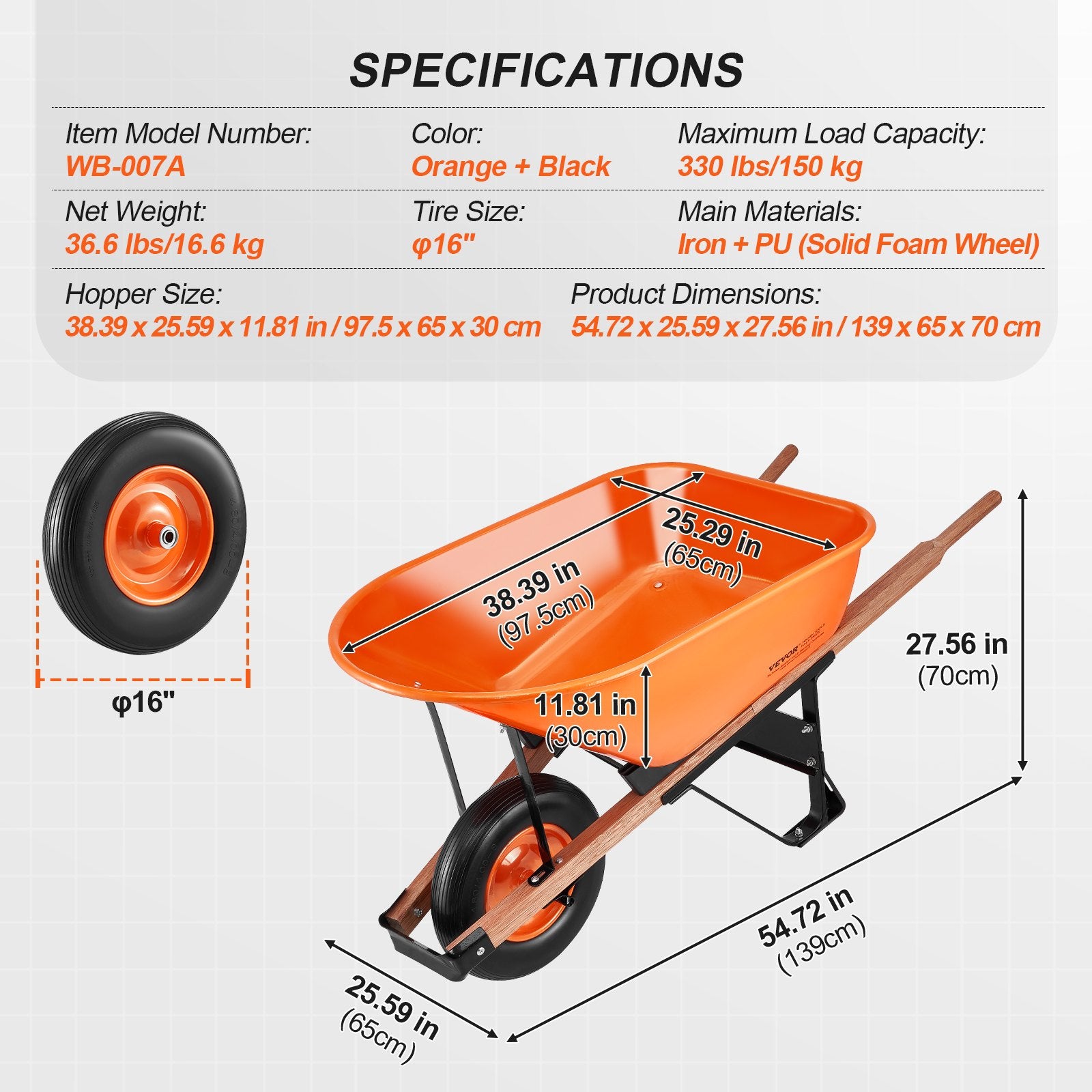Wheelbarrow Cart One Wheel 6 Cu Ft Garden Dump Cart 330 lbs Utility Cart - Image 7