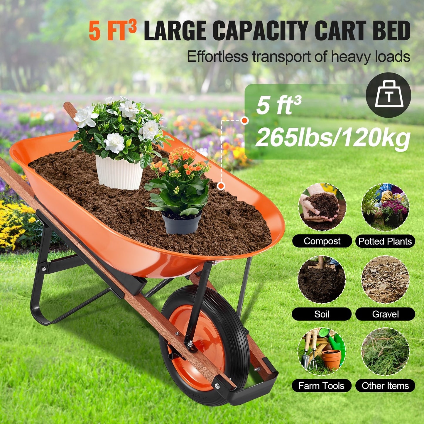 Wheelbarrow Cart One Wheel Garden Dump Cart 330 lbs Yard Utility Cart - Image 4