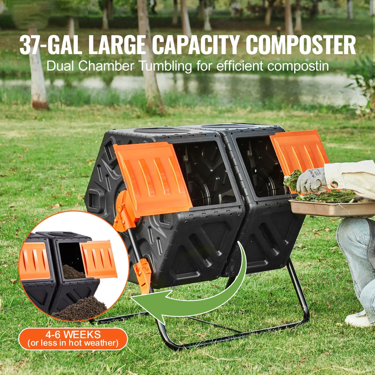 Compost Bin 37 Gal Dual-Chamber Composter Tumbler Rotating Sliding Doors - Image 2