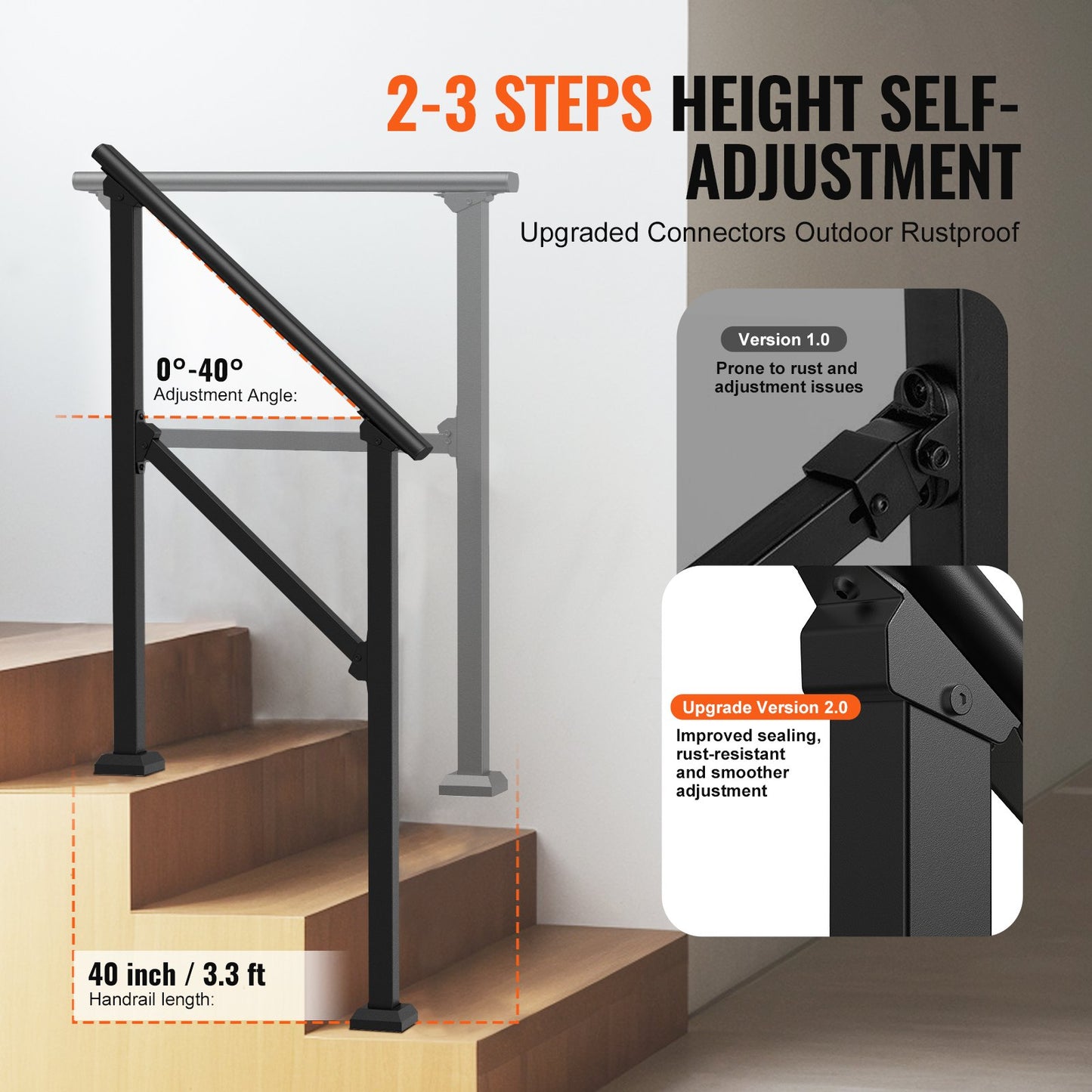 2 PCS 2-3 Handrails for Outdoor for Seniors Porch Deck Black Square Tube - Image 3