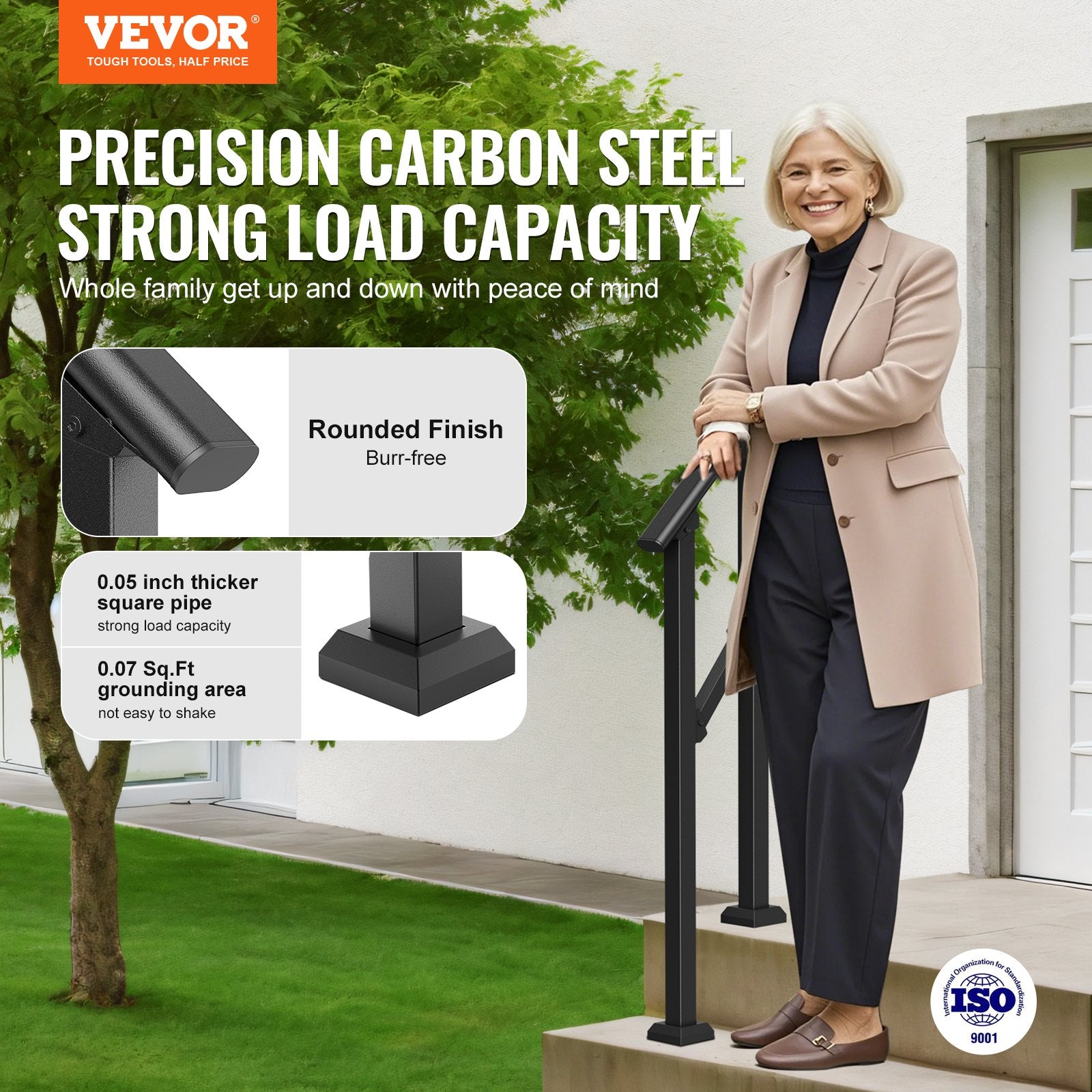 Handrails for Outdoor Steps, 1-2 Step Stair Hand Rail Kit, Transitional Carbon Steel Railings with Installation Kit, Stair Rails for Seniors, Concrete Steps & Porch & Deck, Black Square Tube - Image 2