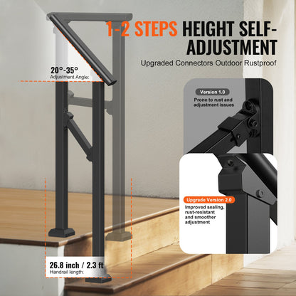 Handrails for Outdoor Steps, 1-2 Step Stair Hand Rail Kit, Transitional Carbon Steel Railings with Installation Kit, Stair Rails for Seniors, Concrete Steps & Porch & Deck, Black Square Tube - Image 3