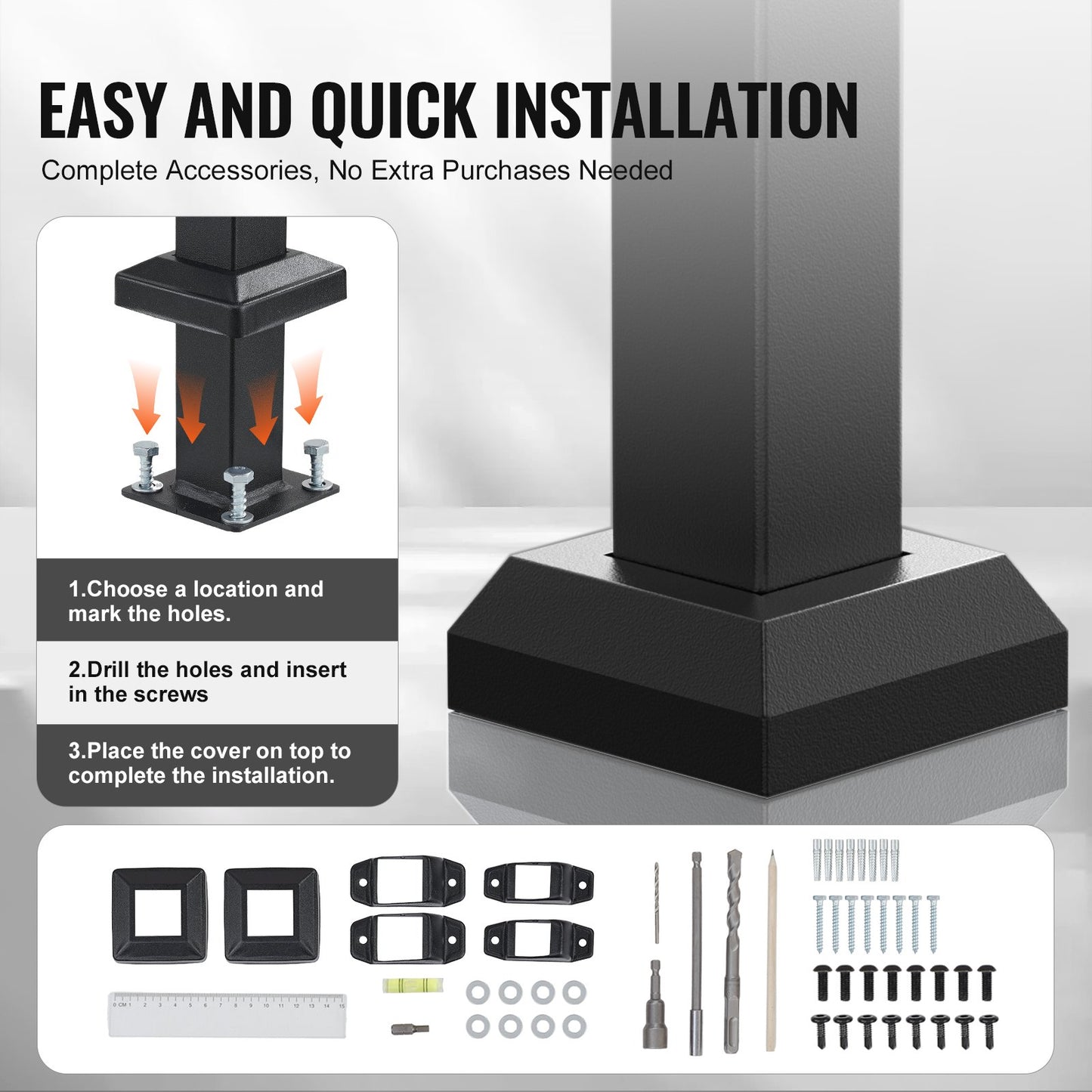 Handrails for Outdoor Steps, 1-2 Step Stair Hand Rail Kit, Transitional Carbon Steel Railings with Installation Kit, Stair Rails for Seniors, Concrete Steps & Porch & Deck, Black Square Tube - Image 4