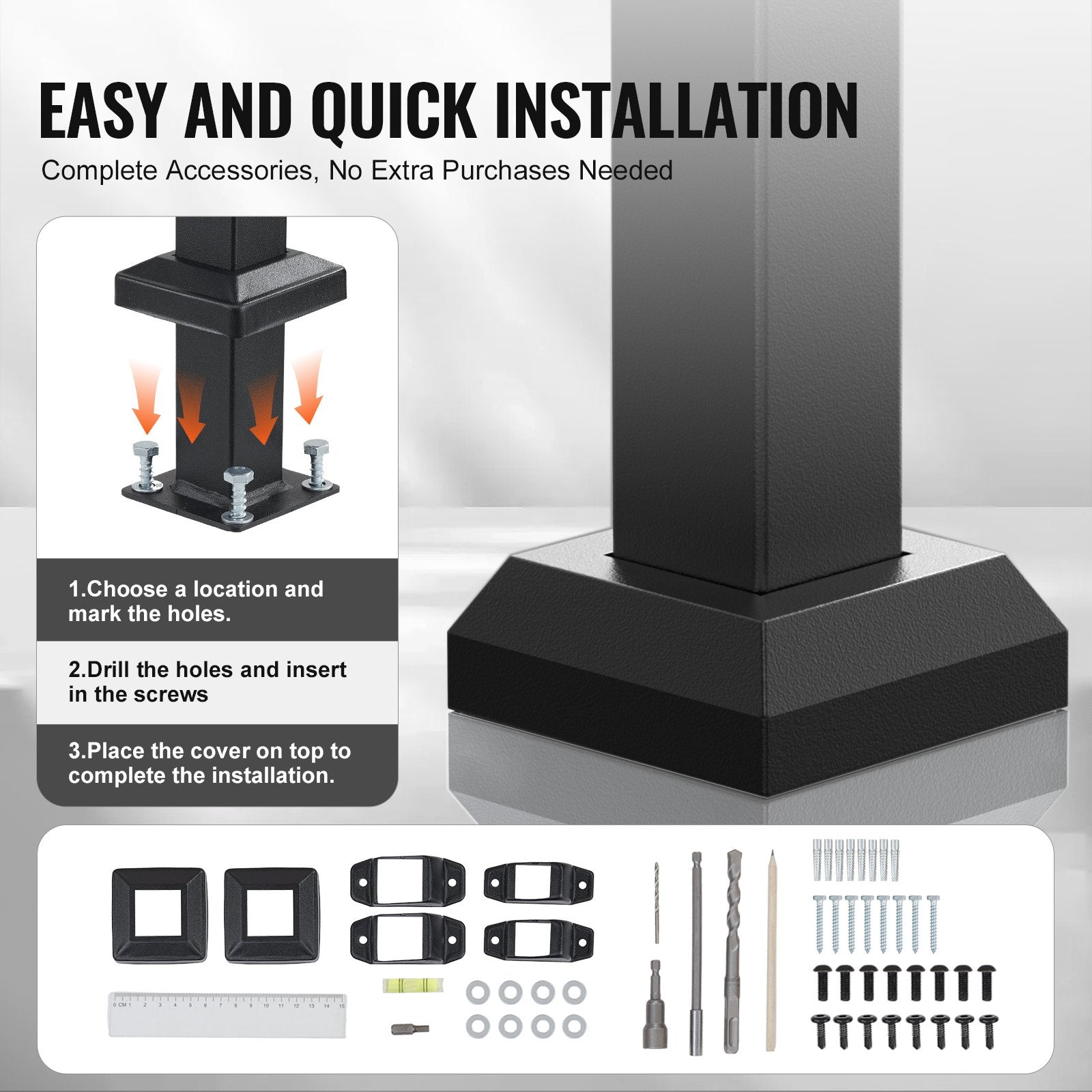 Handrails for Outdoor Steps, 1-2 Step Stair Hand Rail Kit, Transitional Carbon Steel Railings with Installation Kit, Stair Rails for Seniors, Concrete Steps & Porch & Deck, Black Square Tube - Image 4