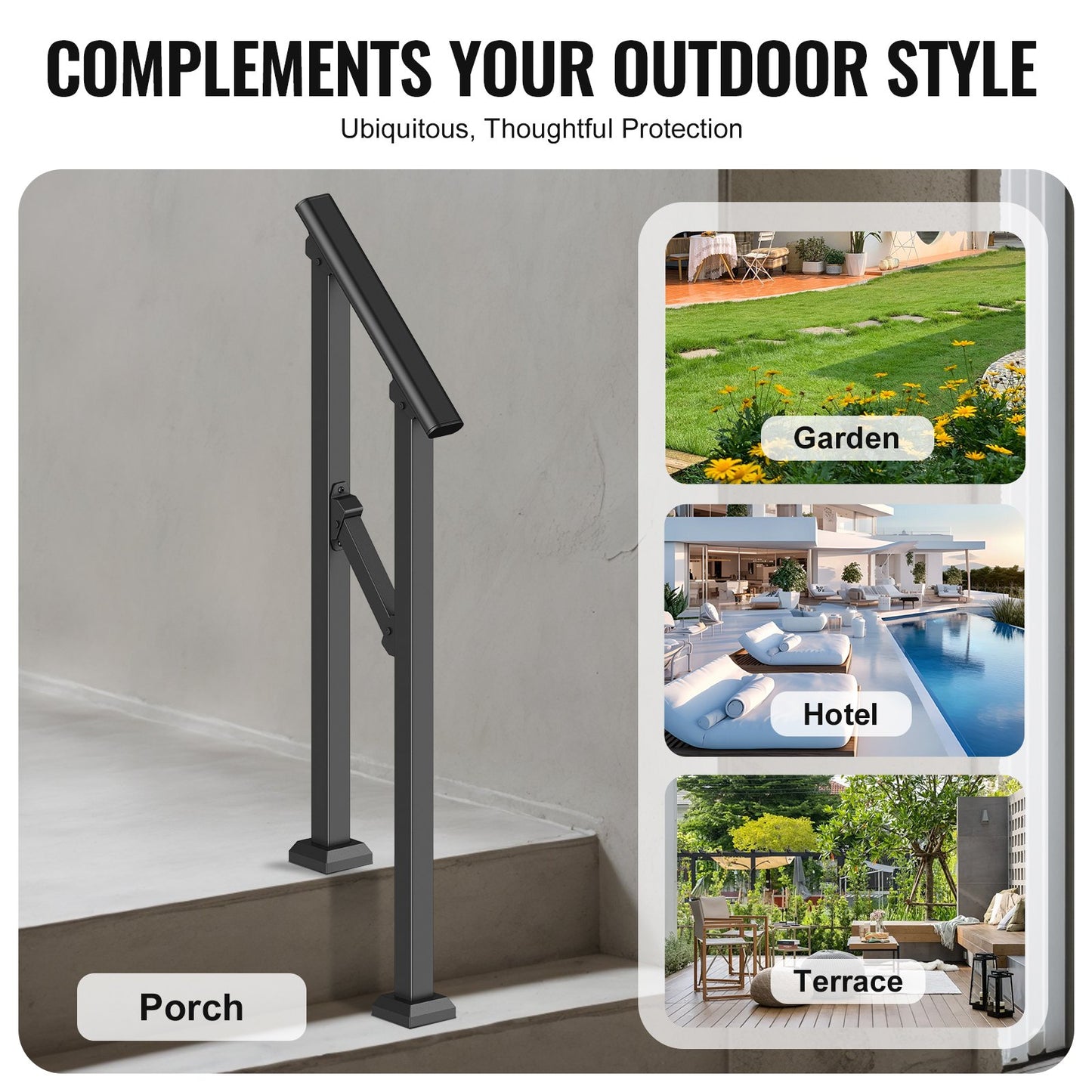 Handrails for Outdoor Steps, 1-2 Step Stair Hand Rail Kit, Transitional Carbon Steel Railings with Installation Kit, Stair Rails for Seniors, Concrete Steps & Porch & Deck, Black Square Tube - Image 6