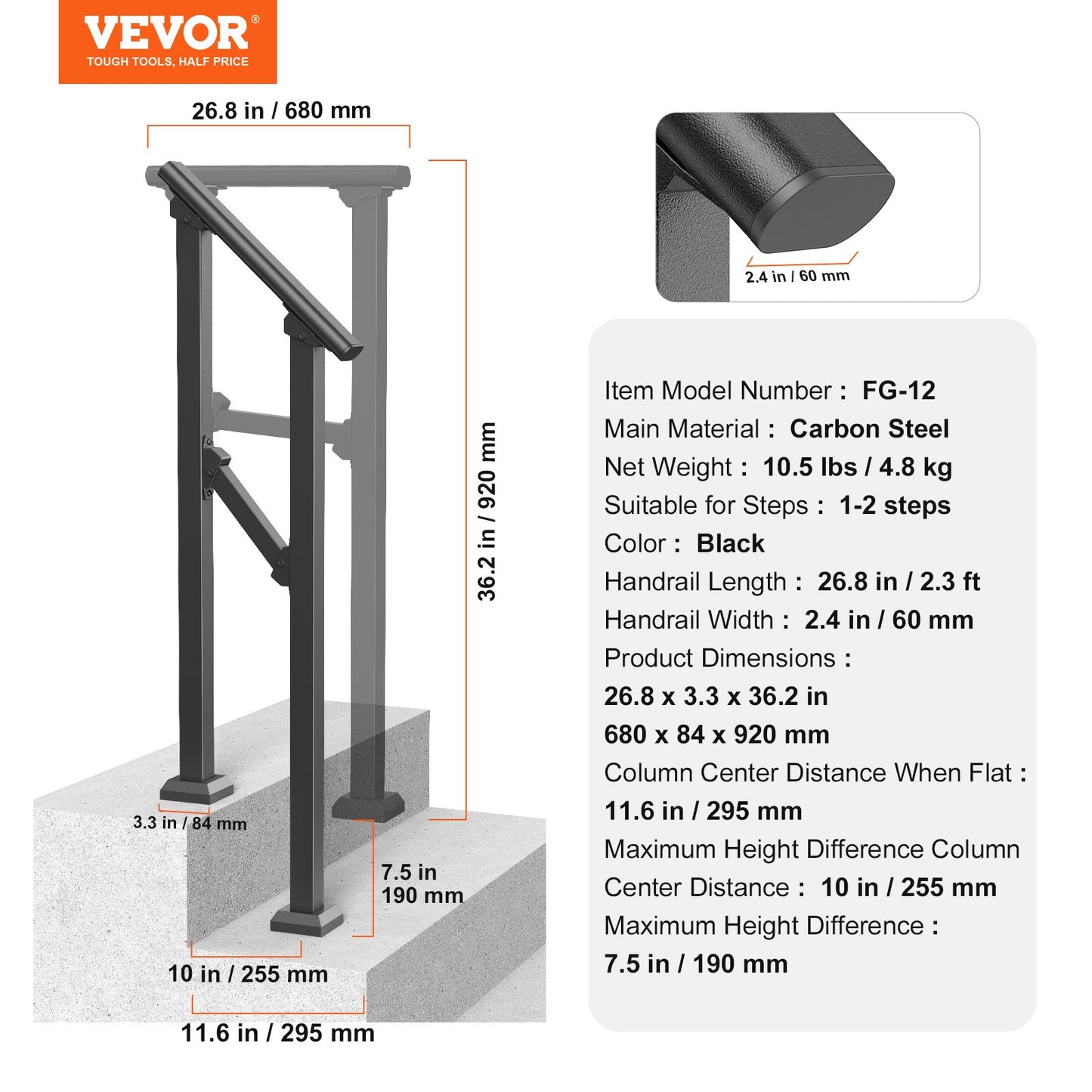 Handrails for Outdoor Steps, 1-2 Step Stair Hand Rail Kit, Transitional Carbon Steel Railings with Installation Kit, Stair Rails for Seniors, Concrete Steps & Porch & Deck, Black Square Tube - Image 7