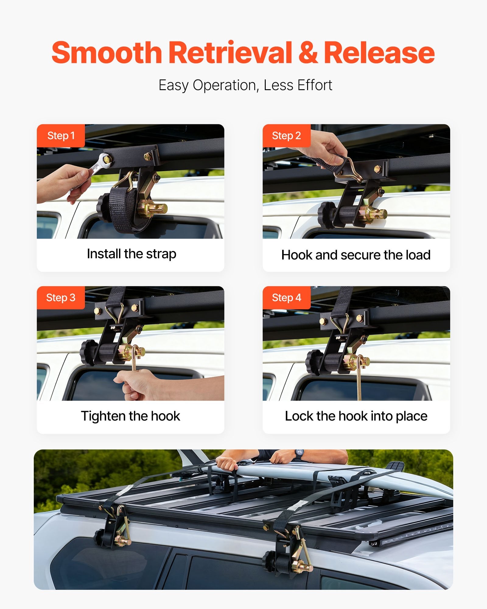 Ladder Rack Ratchet Straps, Black Square Tube Mount, 38 mm Wide x 2.25 m Long Black Ladder Rack Straps with Double J-Hooks, 226.8 kg Load Heavy Duty, Cargo Buckle Lock Strap (4 Pack) - Image 3