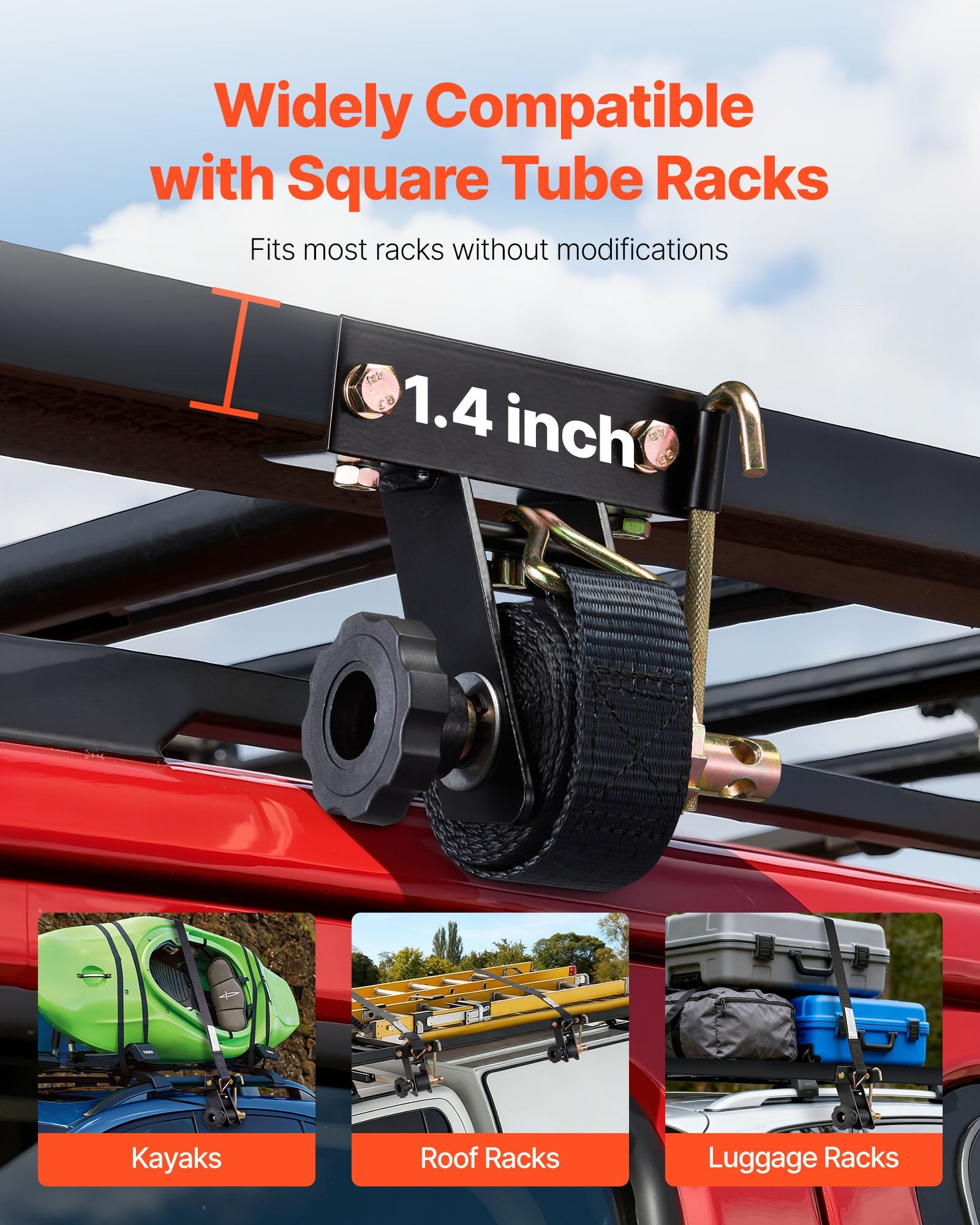 Ladder Rack Ratchet Straps, Black Square Tube Mount, 38 mm Wide x 2.25 m Long Black Ladder Rack Straps with Double J-Hooks, 226.8 kg Load Heavy Duty, Cargo Buckle Lock Strap (4 Pack) - Image 4