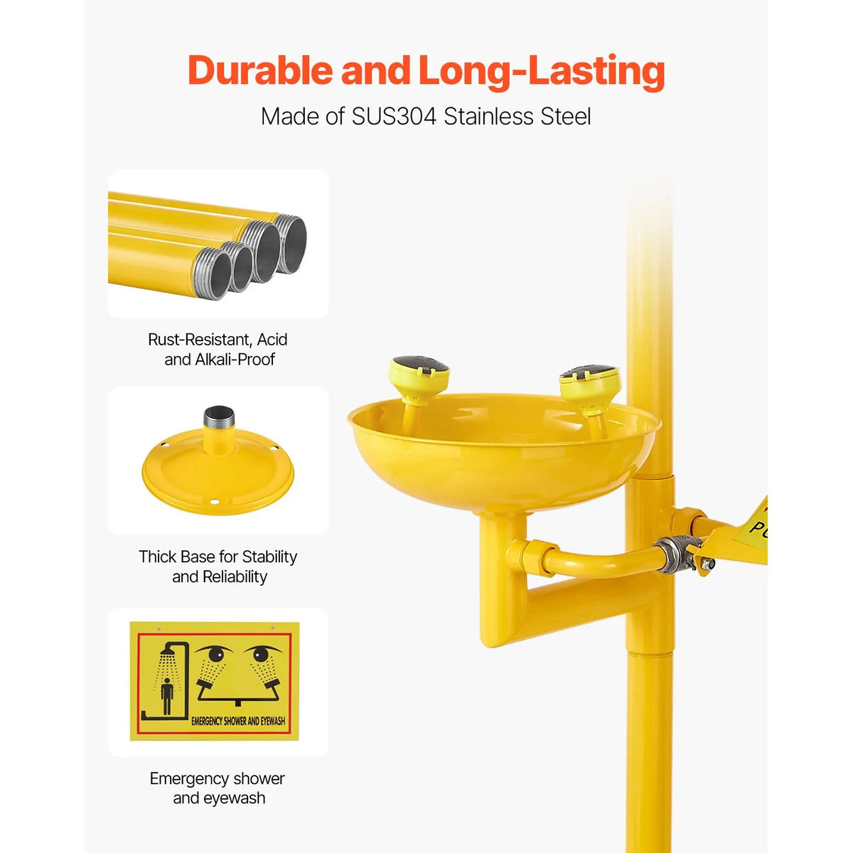 Emergency Shower Eye Wash Station, 34.25 x 15.75 x 91.73 Inch 304 Stainless Steel Eyewash and Shower Combination, OSHA-Approved First Aid Eye Wash Station, for Schools, Labs, Factories, Yellow - Image 3