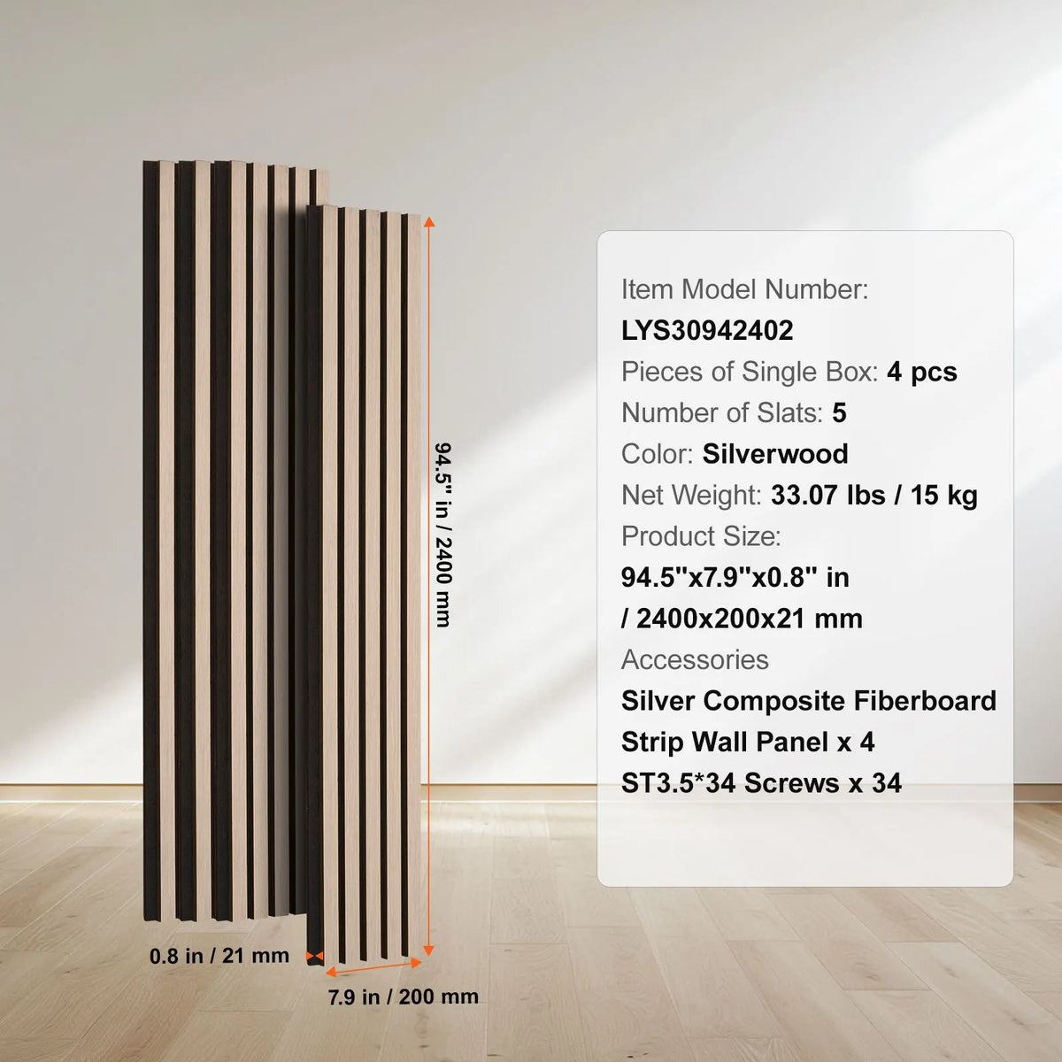 Wood Slat Acoustic Panels, 7.9 x 94.5 inch, MDF Accent Wooden Wall Panels for Modern Interior Wall Decor, Faux Wood Wall Board Panels for Noise Reduction, Silver Wood - Image 7