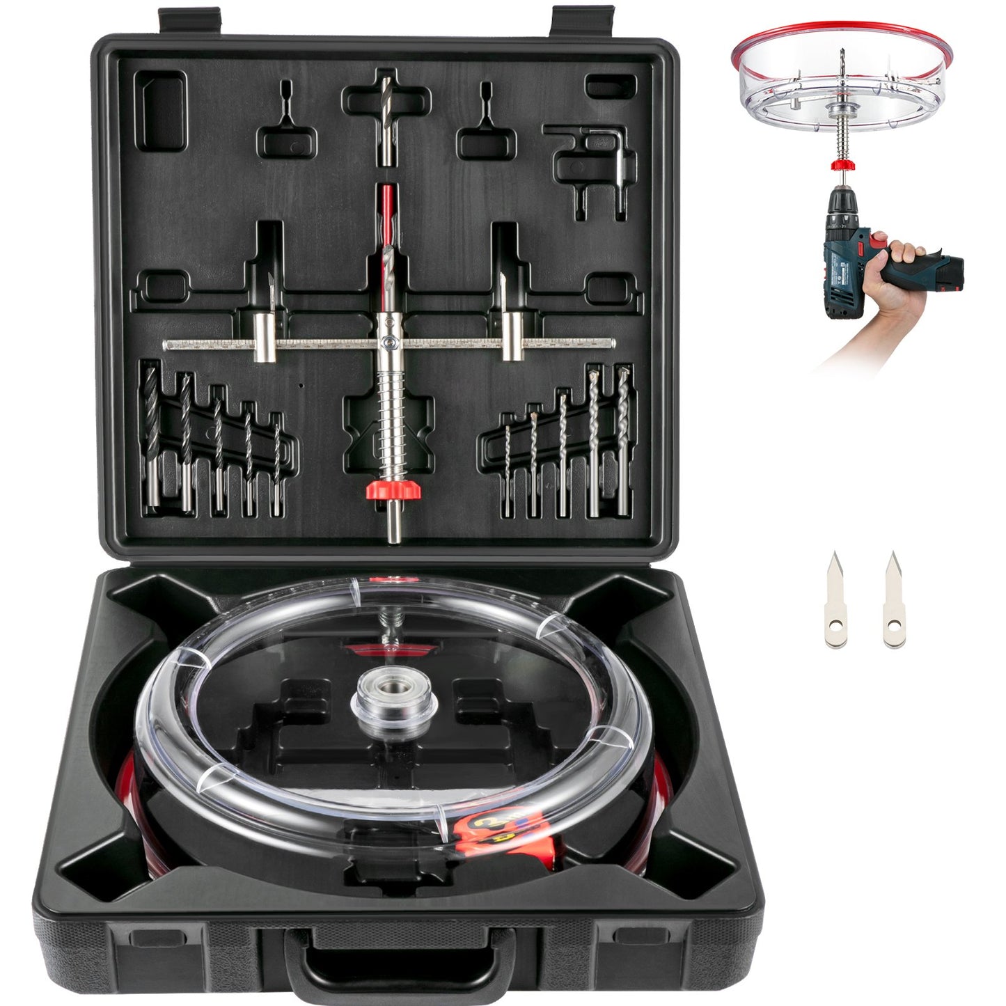 Adjustable Hole Saw Cutter Kit, 1-5/8\" to 11-13 /16\" (40-300 mm), Recessed Hole Saw with PC Dust Shield, Two Replaceable Pilot Drill Bits, for Recessed Lights, Ceiling Speakers, Vent Holes