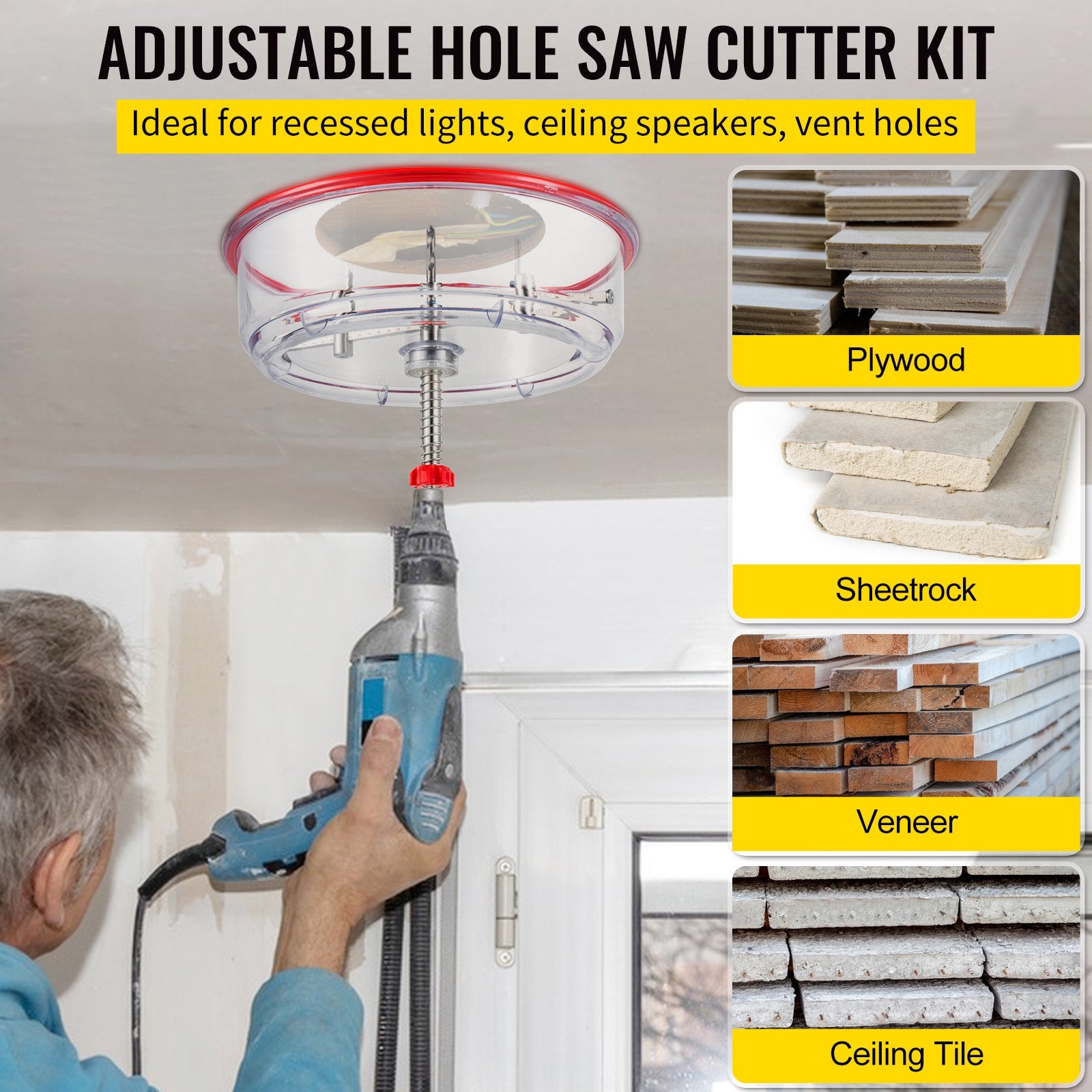 Adjustable Hole Saw Cutter Kit, 1-5/8\" to 11-13 /16\" (40-300 mm), Recessed Hole Saw with PC Dust Shield, Two Replaceable Pilot Drill Bits, for Recessed Lights, Ceiling Speakers, Vent Holes - Image 2