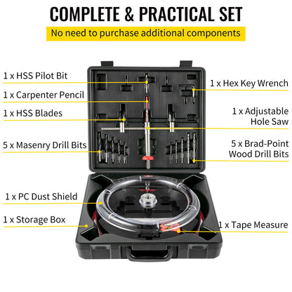 Adjustable Hole Saw Cutter Kit, 1-5/8\" to 11-13 /16\" (40-300 mm), Recessed Hole Saw with PC Dust Shield, Two Replaceable Pilot Drill Bits, for Recessed Lights, Ceiling Speakers, Vent Holes - Image 3
