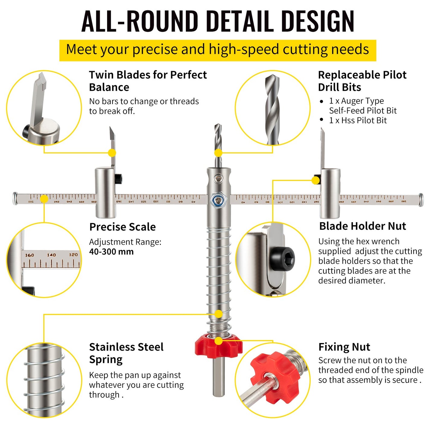Adjustable Hole Saw Cutter Kit, 1-5/8\" to 11-13 /16\" (40-300 mm), Recessed Hole Saw with PC Dust Shield, Two Replaceable Pilot Drill Bits, for Recessed Lights, Ceiling Speakers, Vent Holes - Image 4