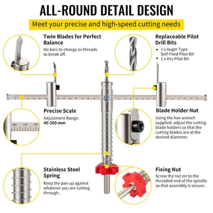 Adjustable Hole Saw Cutter Kit, 1-5/8\" to 11-13 /16\" (40-300 mm), Recessed Hole Saw with PC Dust Shield, Two Replaceable Pilot Drill Bits, for Recessed Lights, Ceiling Speakers, Vent Holes - Image 4