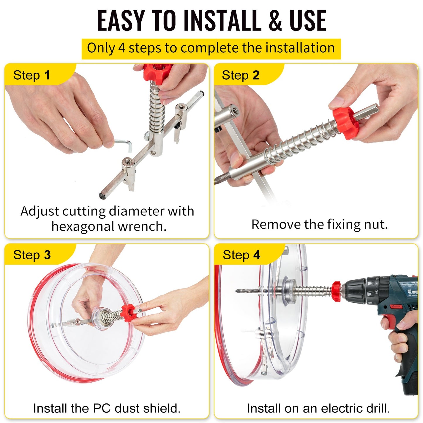 Adjustable Hole Saw Cutter Kit, 1-5/8\" to 11-13 /16\" (40-300 mm), Recessed Hole Saw with PC Dust Shield, Two Replaceable Pilot Drill Bits, for Recessed Lights, Ceiling Speakers, Vent Holes - Image 6