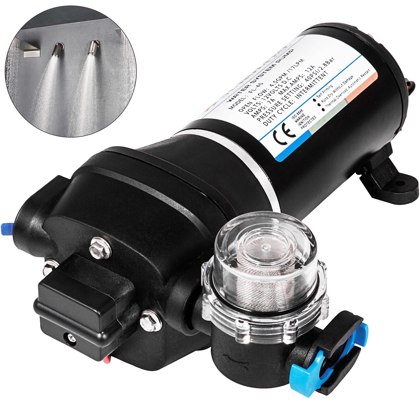 Water Pressure Diaphragm Pump, 12V FL-40 High Pressure Diaphragm Water Pump, 40PSI Automatic Self Priming Water Pump, 17L/MIN Misting Booster Sprayer Diaphragm Pump for Caravan Boat RV Garden