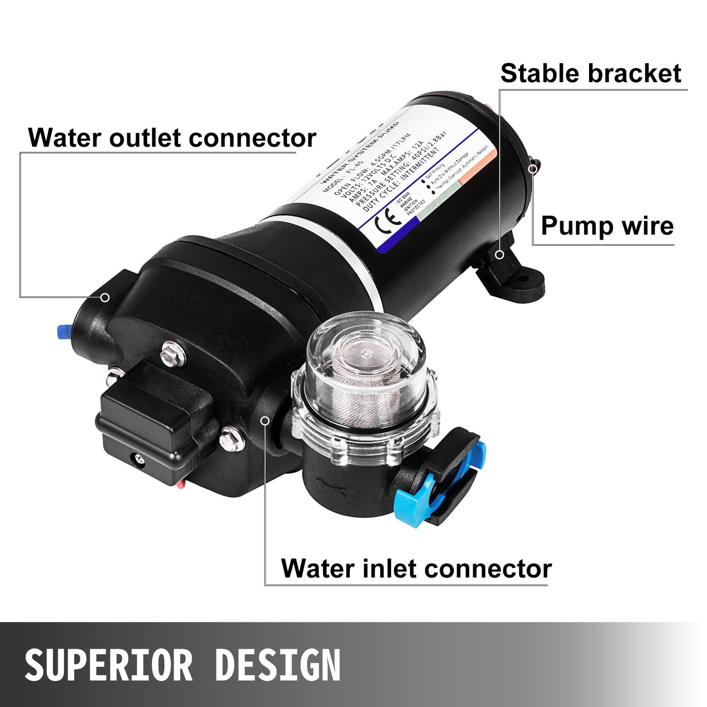 Water Pressure Diaphragm Pump, 12V FL-40 High Pressure Diaphragm Water Pump, 40PSI Automatic Self Priming Water Pump, 17L/MIN Misting Booster Sprayer Diaphragm Pump for Caravan Boat RV Garden - Image 3