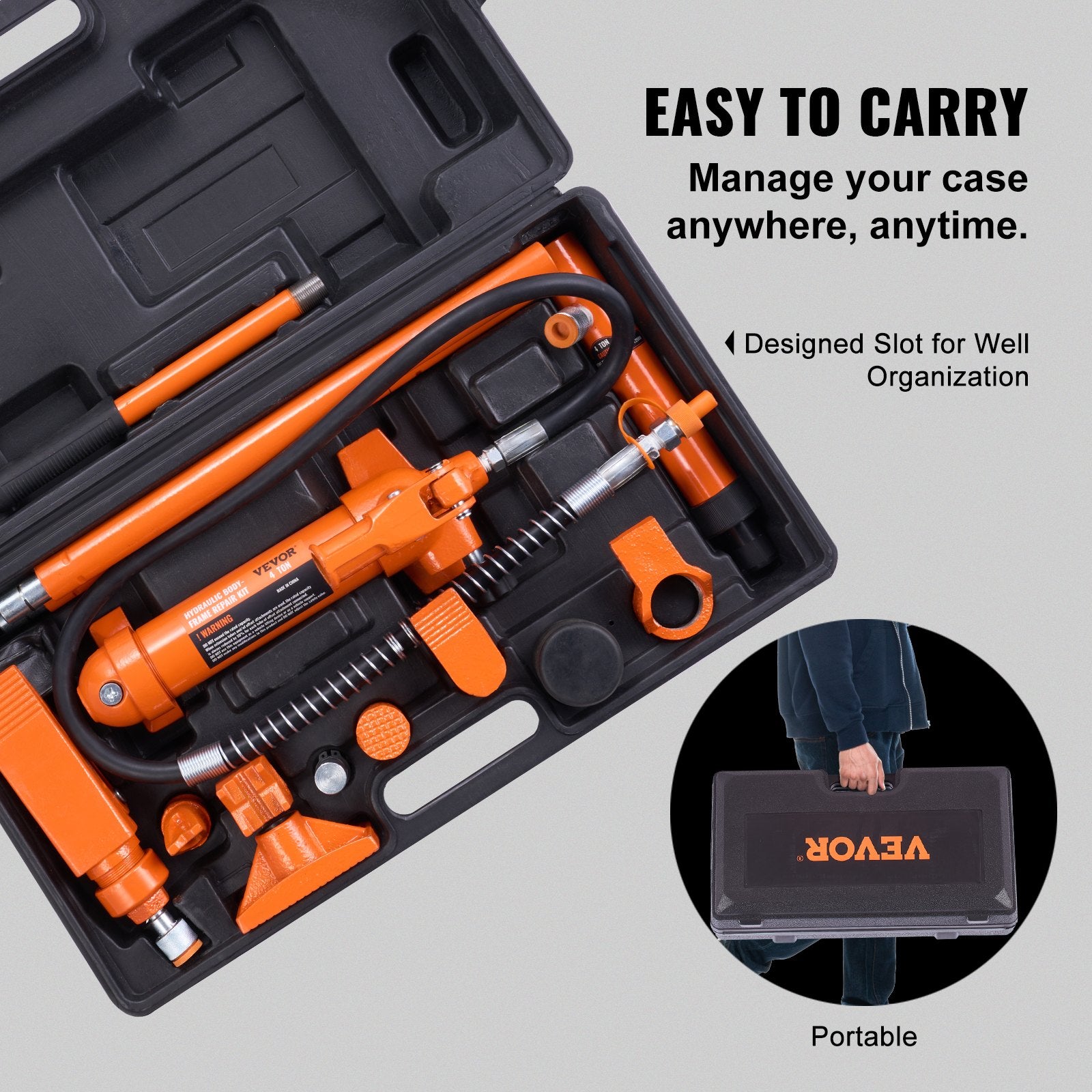 4 Ton Porta Power Kit, Portable Hydraulic Jack with 3.9 ft/1.2 m Oil Hose, Auto Body Frame Repair Kit with Storage Case for Car Repair, Truck, Farm (8800 LBS) - Image 5