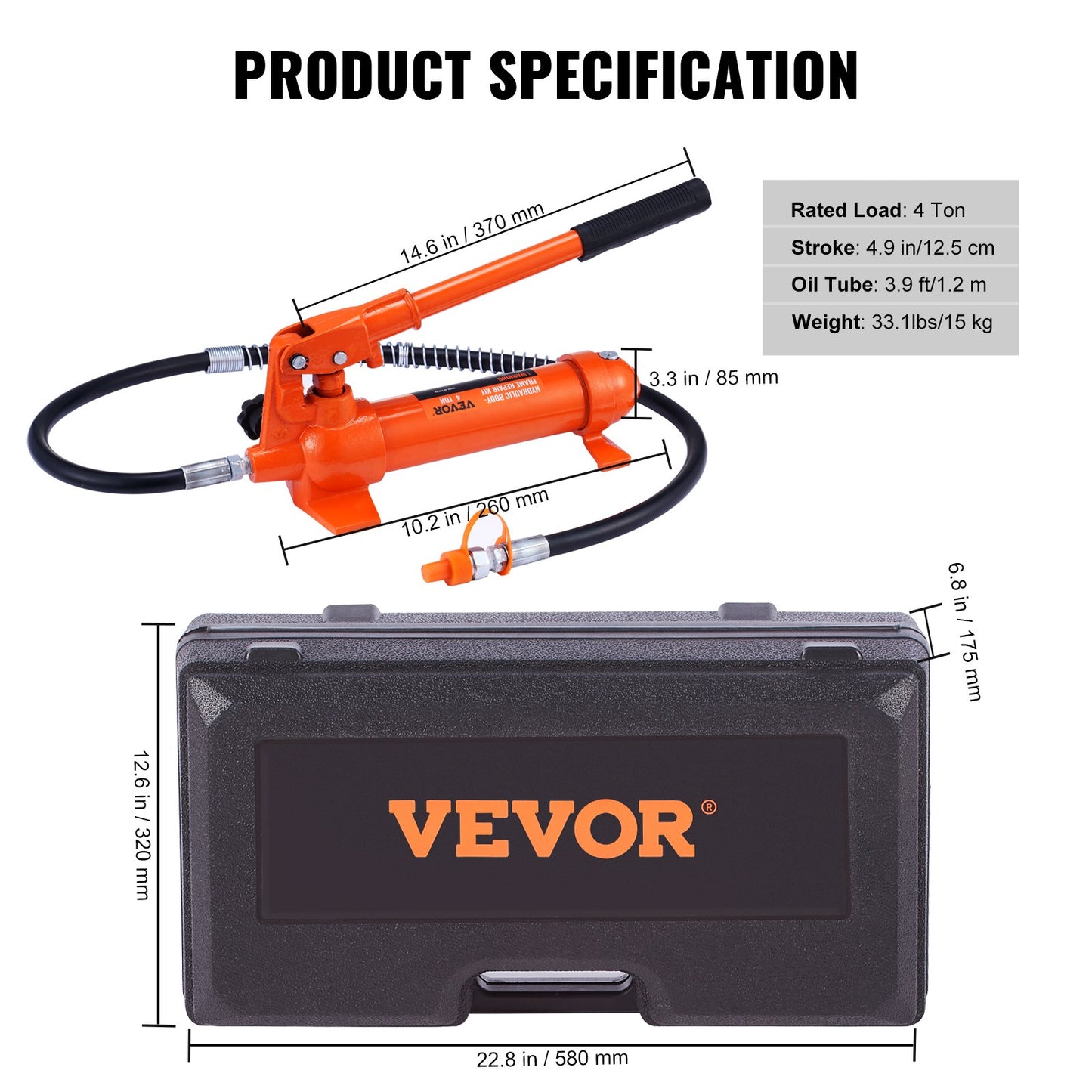 4 Ton Porta Power Kit, Portable Hydraulic Jack with 3.9 ft/1.2 m Oil Hose, Auto Body Frame Repair Kit with Storage Case for Car Repair, Truck, Farm (8800 LBS) - Image 7