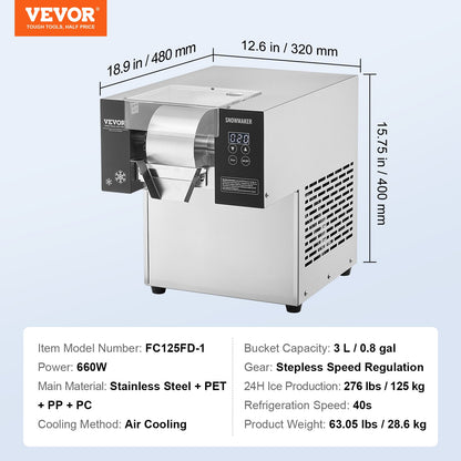 Commercial Snowflake Ice Machine, 276LBS/24H Snowflake Ice Maker, Stainless Steel Ice Shaver Machine, Electric Snow Cone Maker, Air Cooling System for Rapid Heat Dissipation, for Bakery, Cafe - Image 7