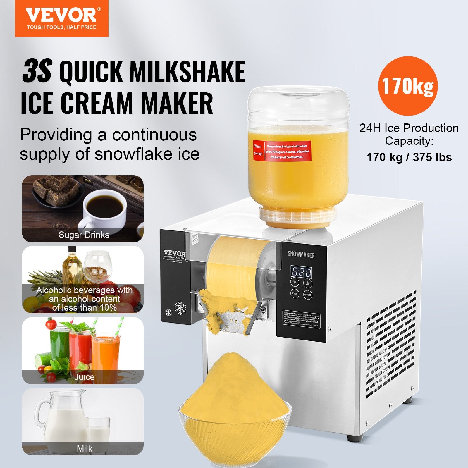 Commercial Snowflake Ice Machine, 375LBS/24H Snowflake Ice Maker, Stainless Steel Ice Shaver Machine, Electric Snow Cone Maker, Air Cooling System for Rapid Heat Dissipation, for Bakery, Cafe - Image 2