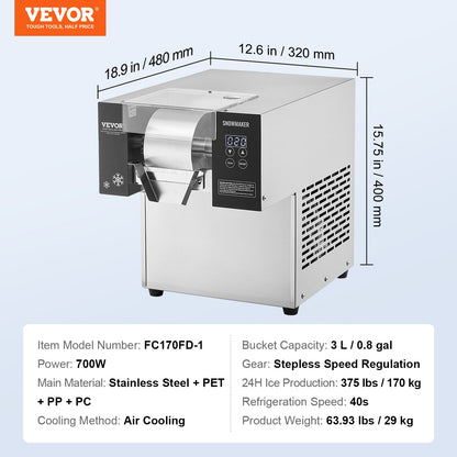Commercial Snowflake Ice Machine, 375LBS/24H Snowflake Ice Maker, Stainless Steel Ice Shaver Machine, Electric Snow Cone Maker, Air Cooling System for Rapid Heat Dissipation, for Bakery, Cafe - Image 7