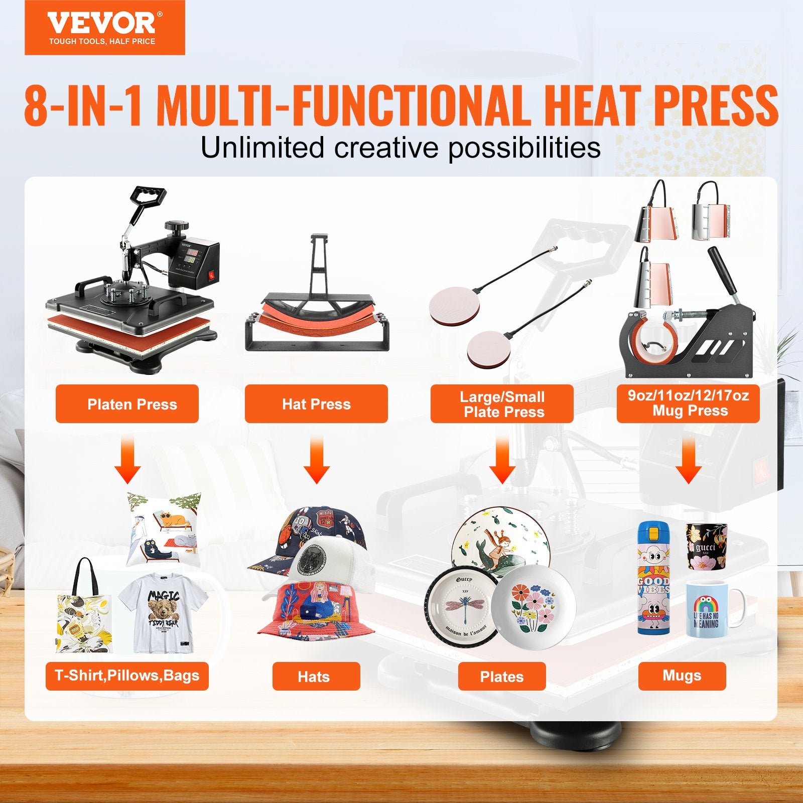 1400W Heat Press Machine 8 In 1 Sublimation Steel Frame Heat Presses with Temperature And Time Control (12X15INCH 8IN1) - Image 2
