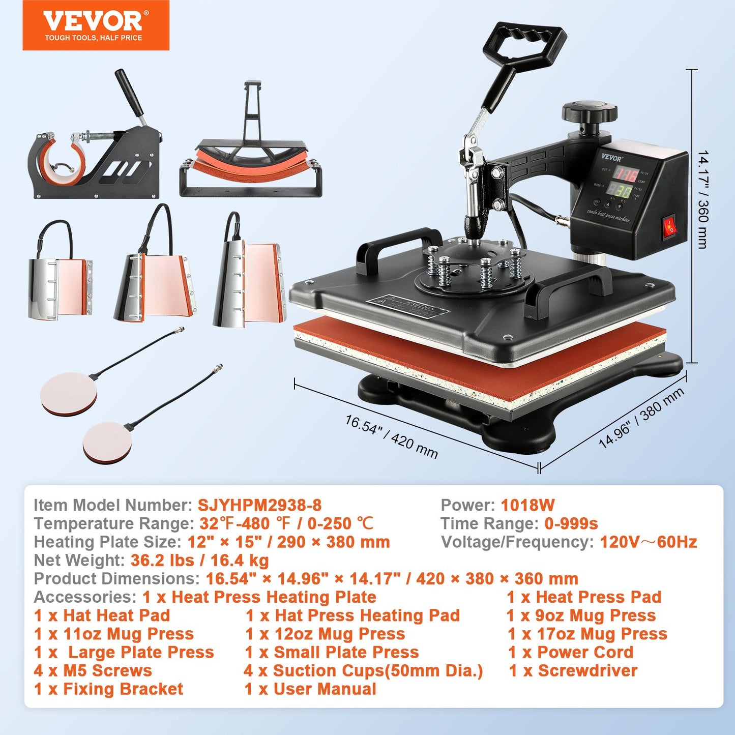 1400W Heat Press Machine 8 In 1 Sublimation Steel Frame Heat Presses with Temperature And Time Control (12X15INCH 8IN1) - Image 7