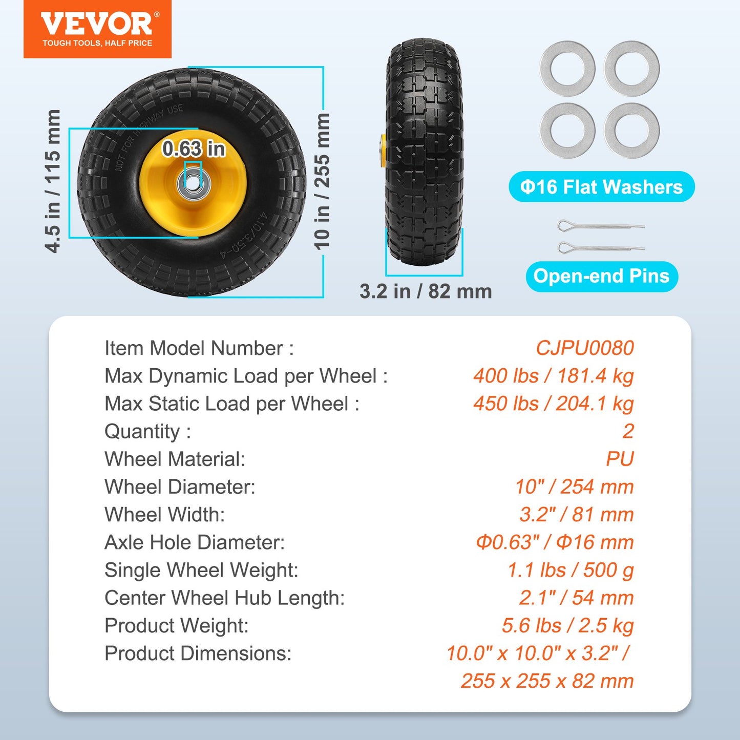 Solid PU Run-Flat Tire Wheel, 254 mm, 2-Pack, 181.4 kg Dynamic Load, 204.1 kg Static Load, Flat Free Tubeless Tires and Wheels for Hand Truck, Utility Cart, Dolly, Garden Trailer, Various Carts - Image 7