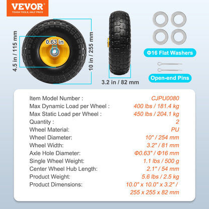 Solid PU Run-Flat Tire Wheel, 254 mm, 2-Pack, 181.4 kg Dynamic Load, 204.1 kg Static Load, Flat Free Tubeless Tires and Wheels for Hand Truck, Utility Cart, Dolly, Garden Trailer, Various Carts - Image 7