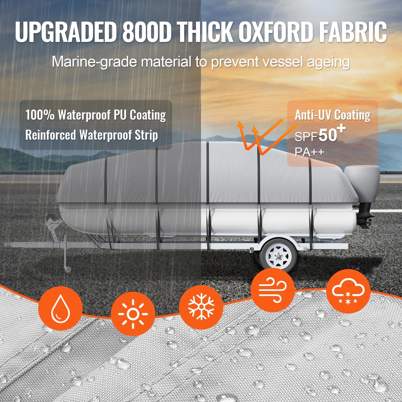 Pontoon Boat Cover 800D Waterproof Trailerable 19-20 ft with Storage Bag - Image 3