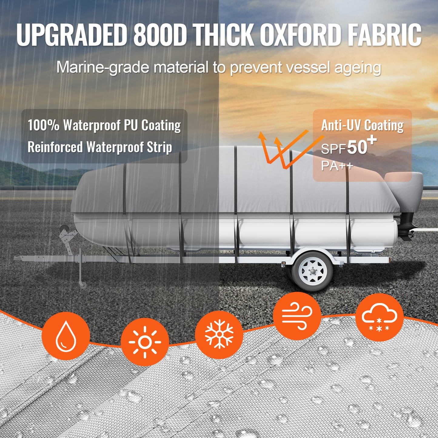 Pontoon Boat Cover 800D Waterproof Trailerable 23-24 ft with Storage Bag - Image 3