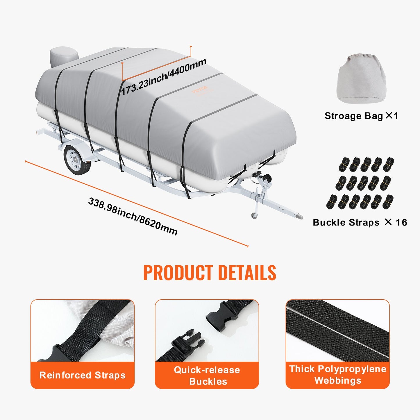 Pontoon Boat Cover 800D Waterproof Trailerable 23-24 ft with Storage Bag - Image 7