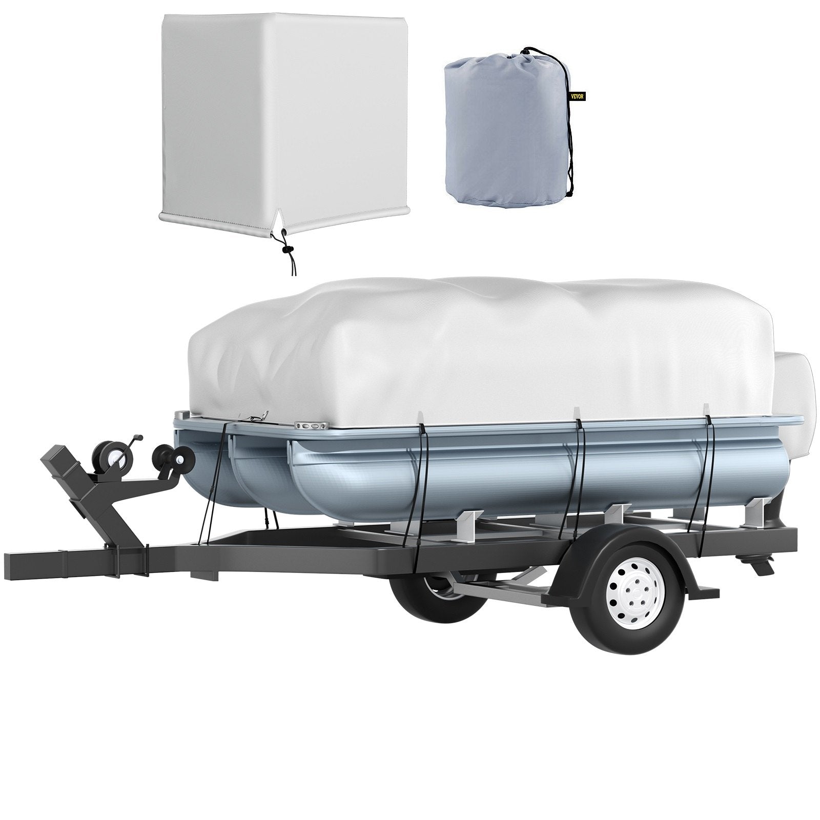 Pontoon Boat Cover, Fit for 17\'-20\' Boat, Heavy Duty 600D Marine Grade Oxford Fabric, UV Resistant Waterproof Trailerable Boat Cover with 2 Support Poles and 7 Wind-Proof Straps, Gray