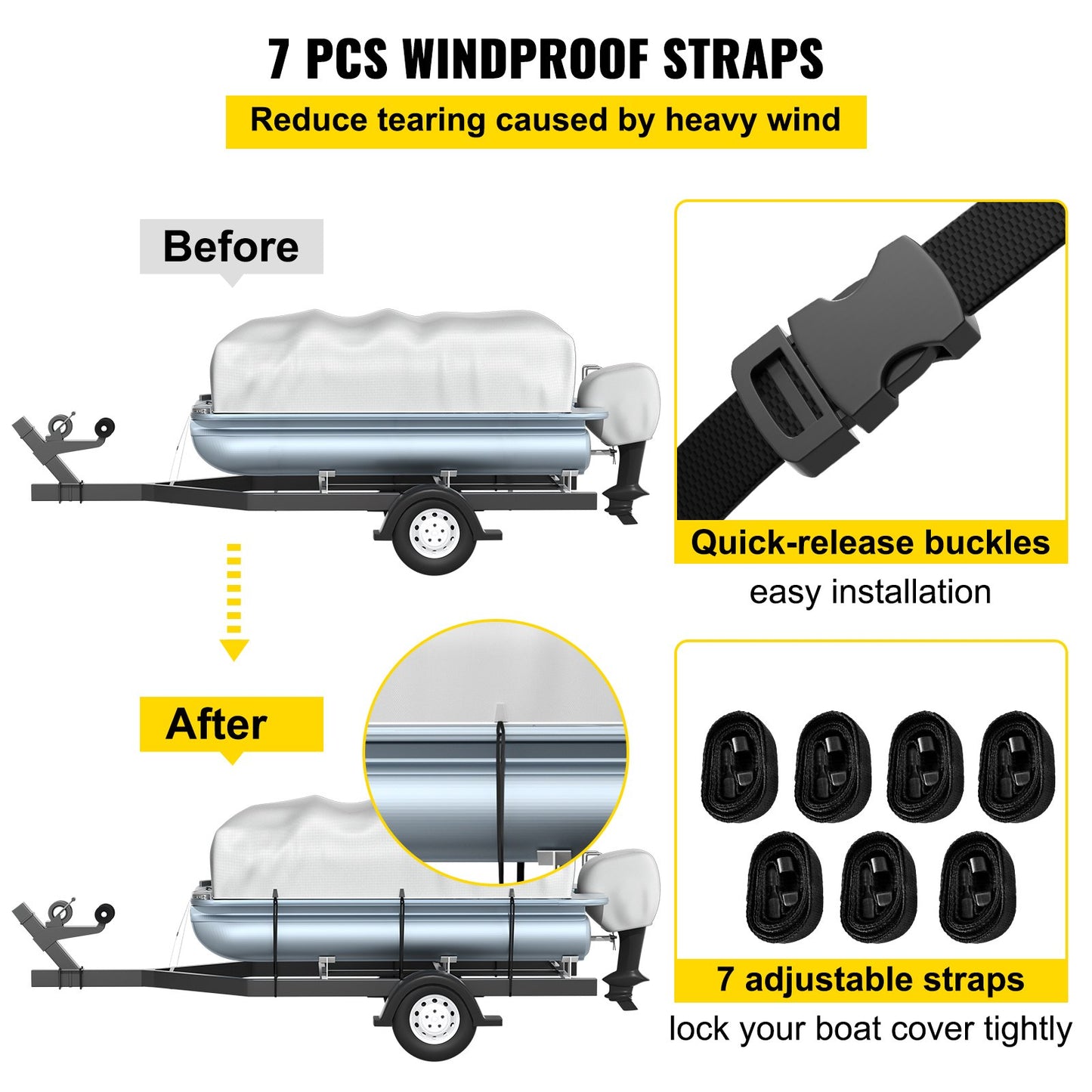 Pontoon Boat Cover, Fit for 17\'-20\' Boat, Heavy Duty 600D Marine Grade Oxford Fabric, UV Resistant Waterproof Trailerable Boat Cover with 2 Support Poles and 7 Wind-Proof Straps, Gray - Image 6