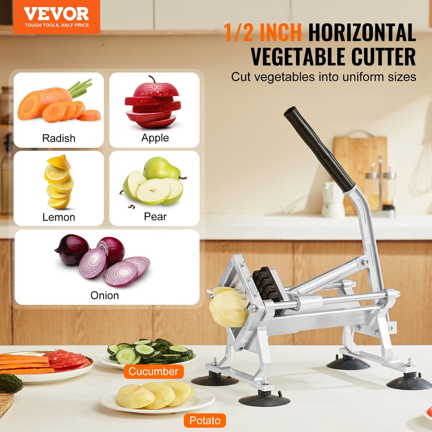 Commercial Vegetable Slicer, 1/2 inch Fruit Slicer, Stainless Steel and Aluminum Alloy Vegetable Cutter Slicer Machine, Manual Slicer with Non-slip Feet, for Radishes, Onions, Potatoes, Lemons - Image 2