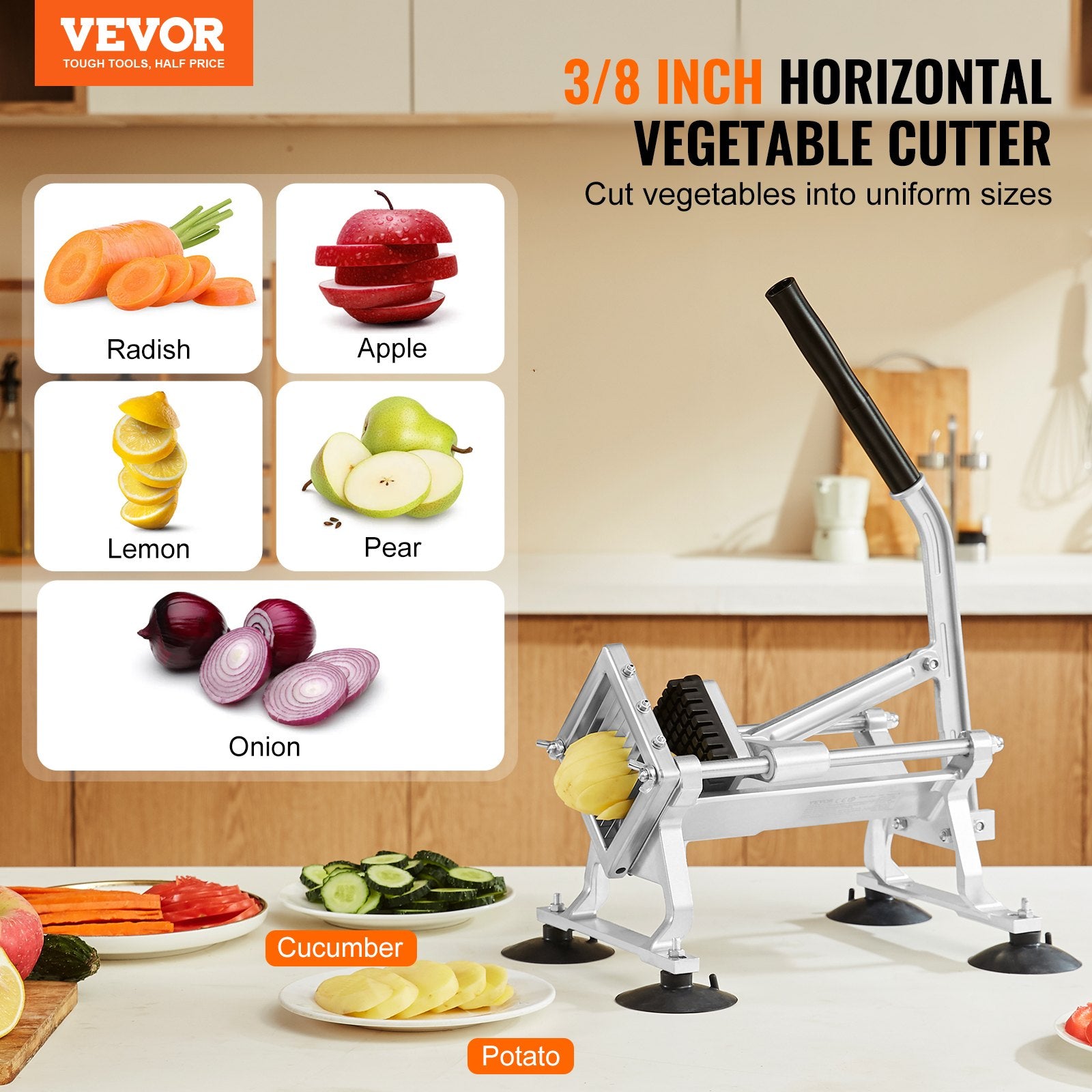 Commercial Vegetable Slicer, 3/8 inch Fruit Slicer, Stainless Steel and Aluminum Alloy Vegetable Cutter Slicer Machine, Manual Slicer with Non-slip Feet, for Radishes, Onions, Potatoes, Lemons - Image 2