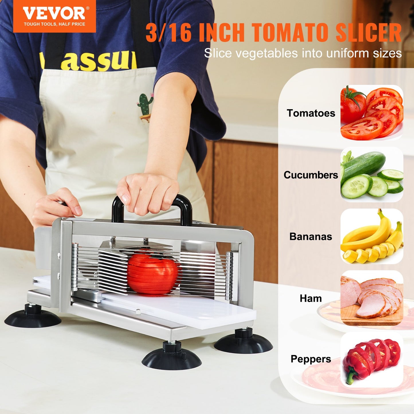Commercial Tomato Slicer, 3/16 inch Tomato Cutter Slicer, Stainless Steel Heavy Duty Tomato Slicer Machine, Manual Tomato Slicer with Non-slip Feet, for Cutting Tomatoes, Cucumbers, Bananas - Image 2
