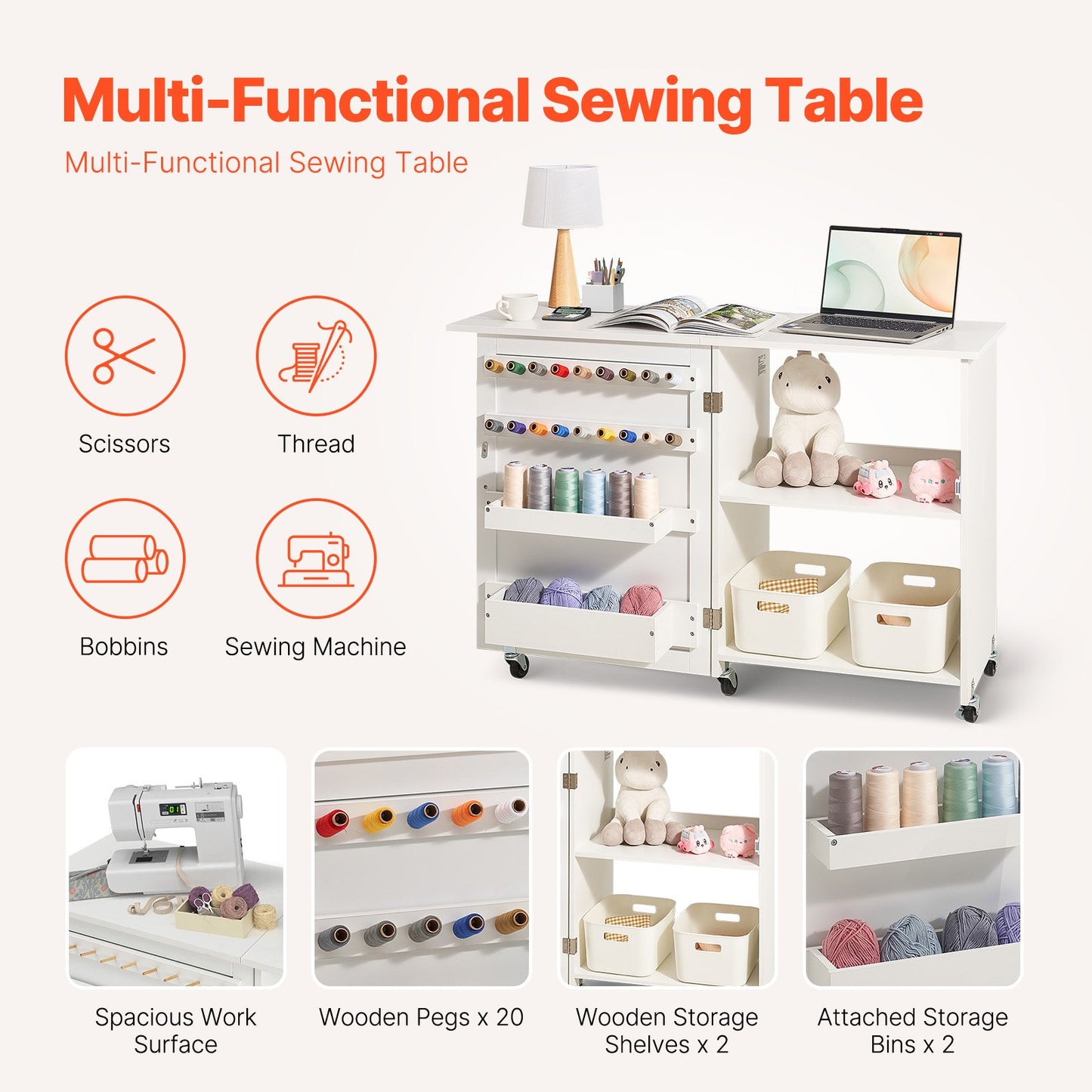 Folding Sewing Table with Lockable Wheels Storage Shelves Trays Door White - Image 2